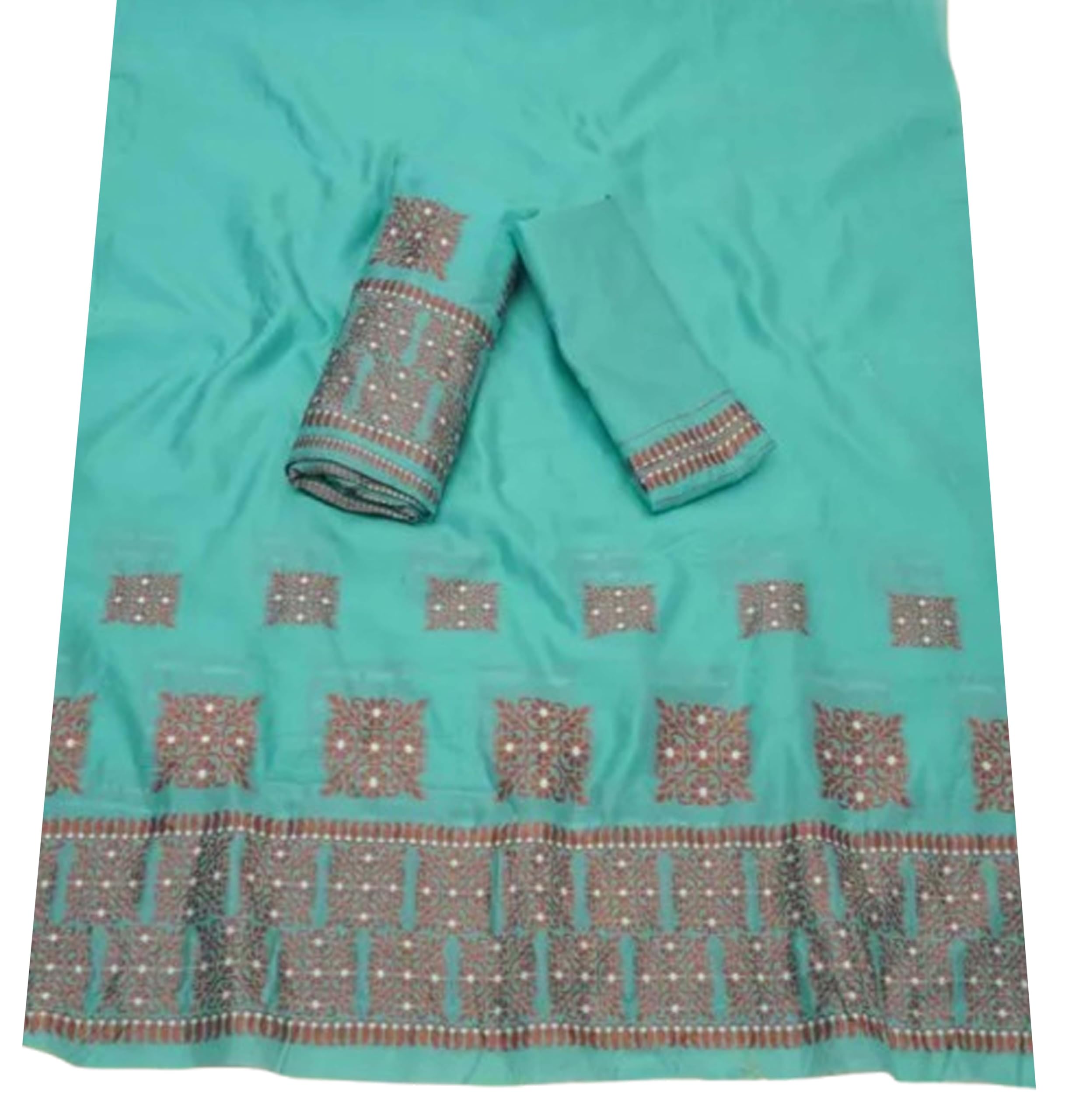 Women`s Assamese Mekhela Sador Fabric of Soft Silk Traditional Design- Green Brown