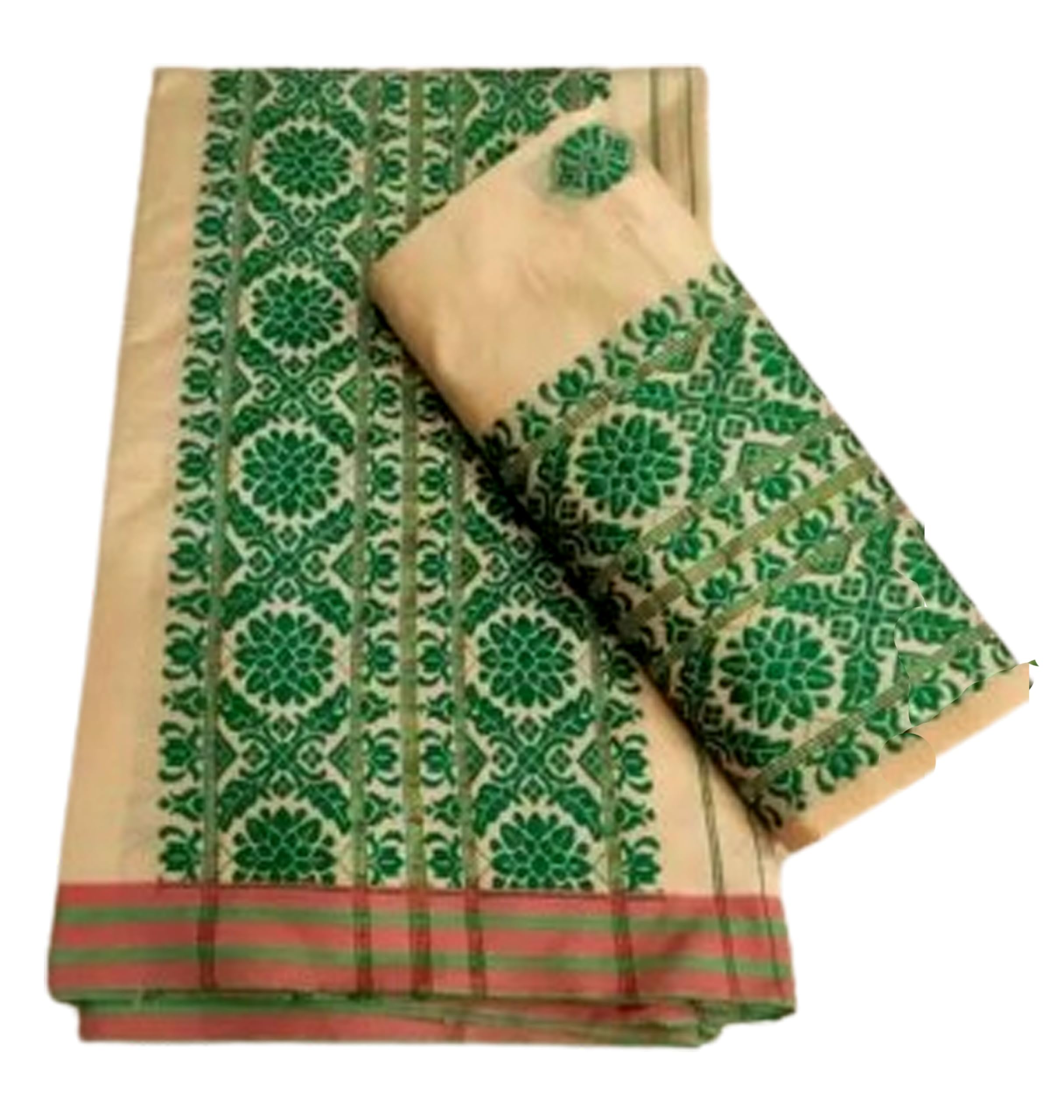 Women`s Assamese Mekhela Sador Chador Pat Traditional Design- Cream Green
