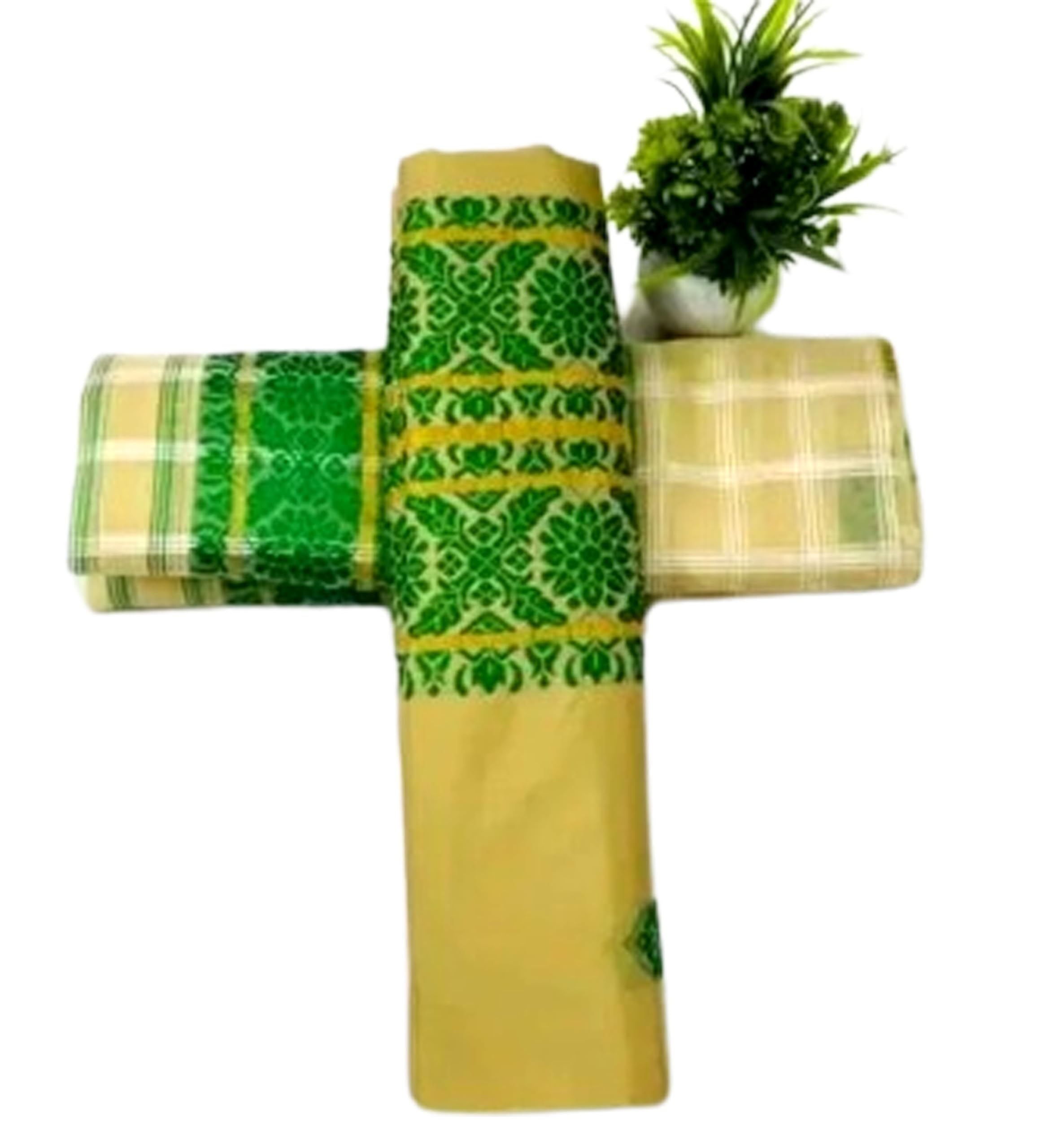 Women`s Assamese Mekhela Sador Santal Panchi Lungi Parhar Fabric of Soft Silk Traditional Design- Cream Parrot Green
