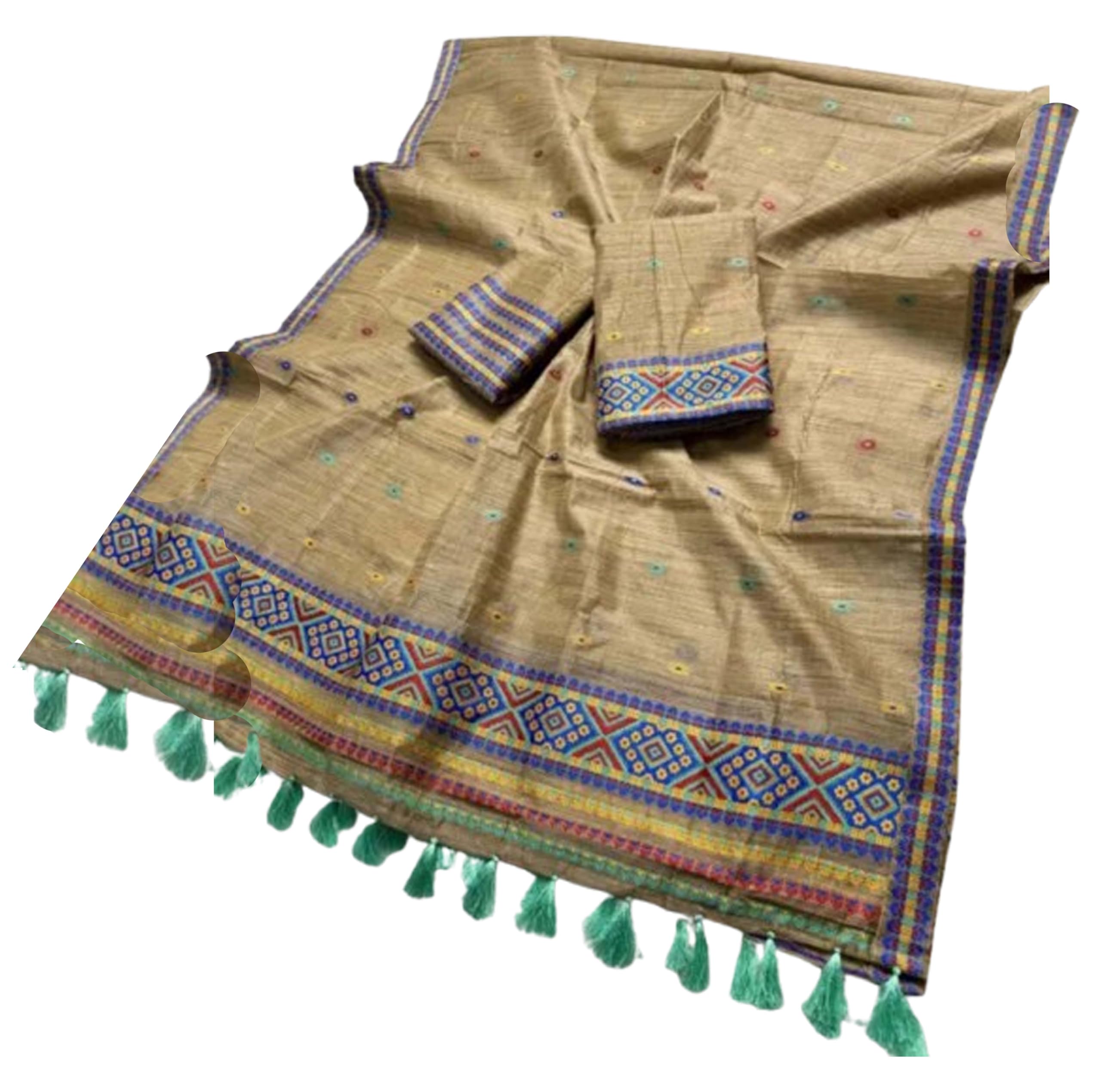 Women`s Assamese Mekhela Sador Paat Santal Panchi Lungi Parhar Fabric of Soft Silk - Jute Muga