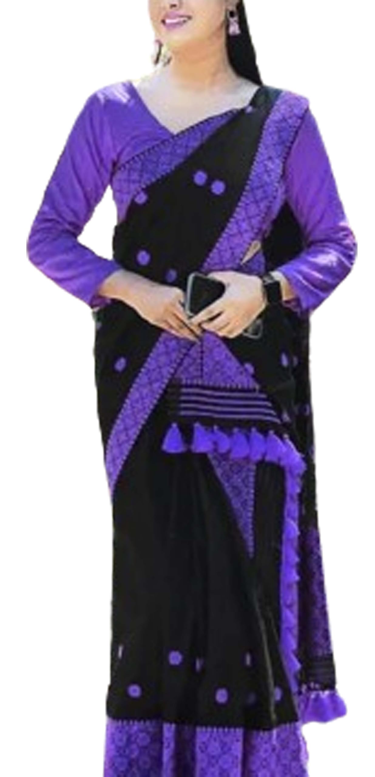 Women`s Assamese Mekhela Sador Paat Santal Panchi Lungi Parhar Fabric of Soft Silk Traditional Design- Fuchsia (Purple)