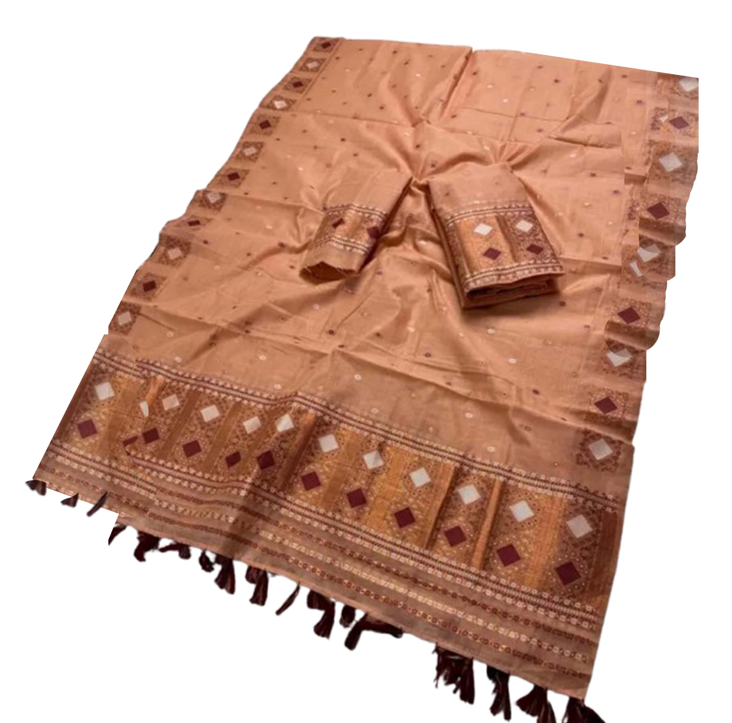 Women`s Assamese Mekhela Sador Santal Fabric of Soft Silk Traditional Design- Beige