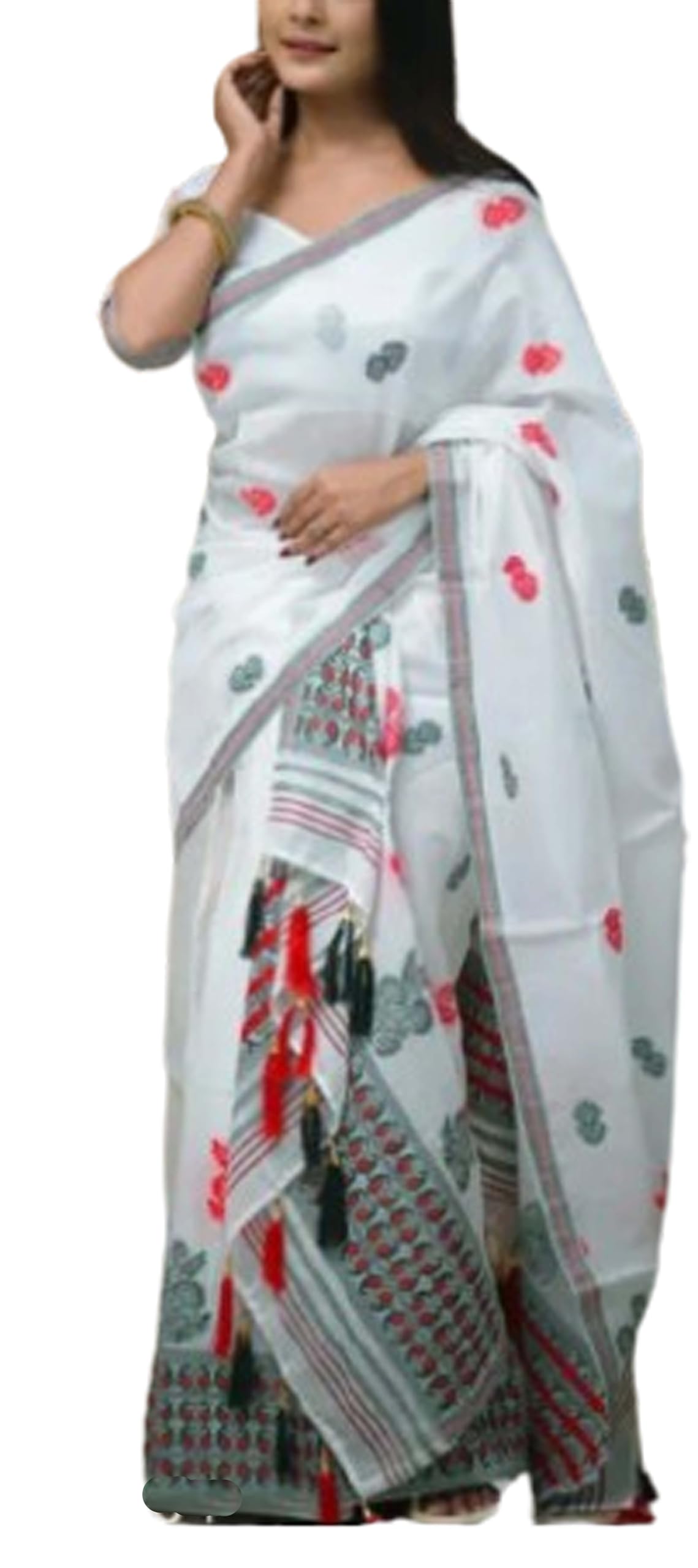 Women`s Assamese Mekhela Sador Traditional Design- White Buti