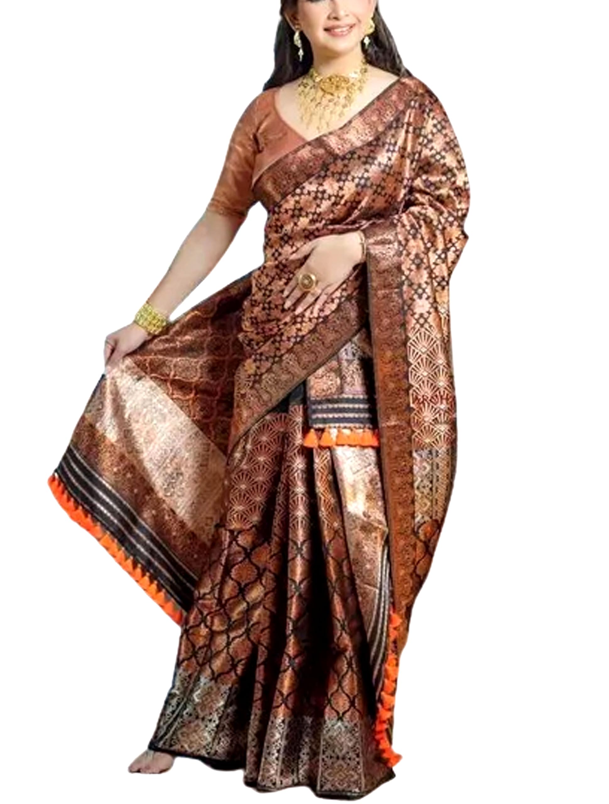 Women`s Assamese Mekhela Sador Jura Santal Panchi Lungi Parhar Pure Fabric of Soft Silk Traditional Design- Brown