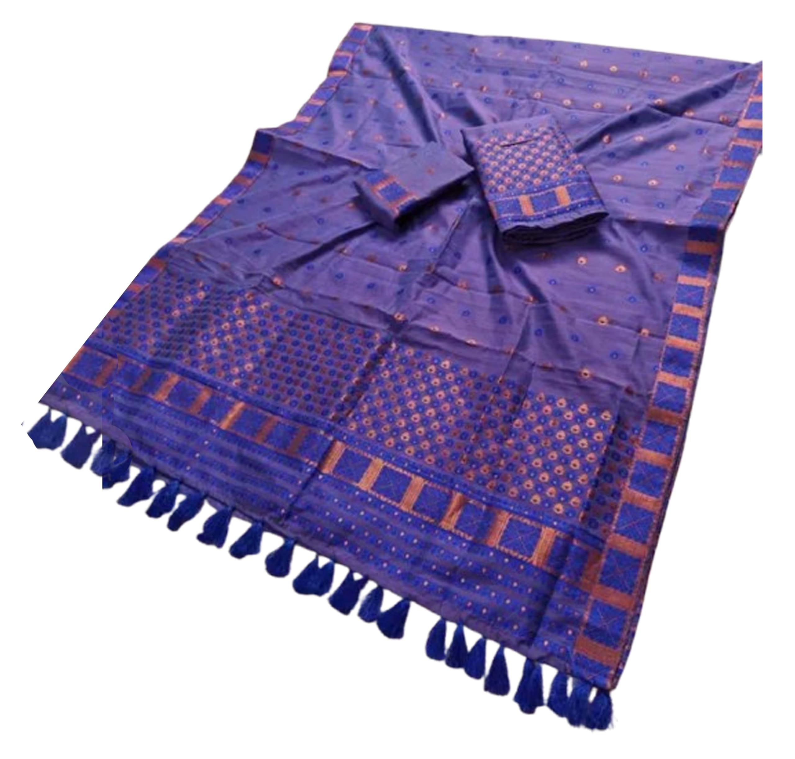 Women`s Assamese Mekhela Sador Paat Santal Panchi Lungi Parhar Fabric of Soft Silk Traditional Design- Robin Blue