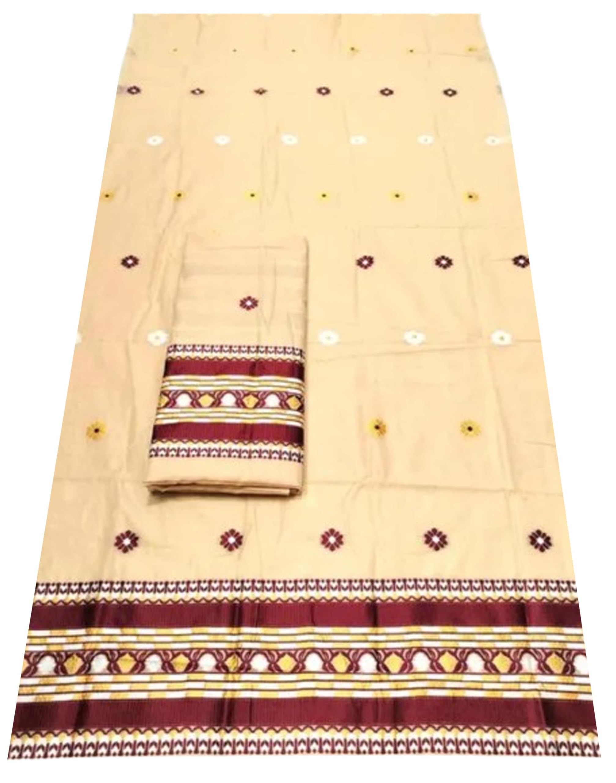 Women`s Assamese Mekhela Sador Fabric of Soft Silk Traditional Design- Cream Maroon