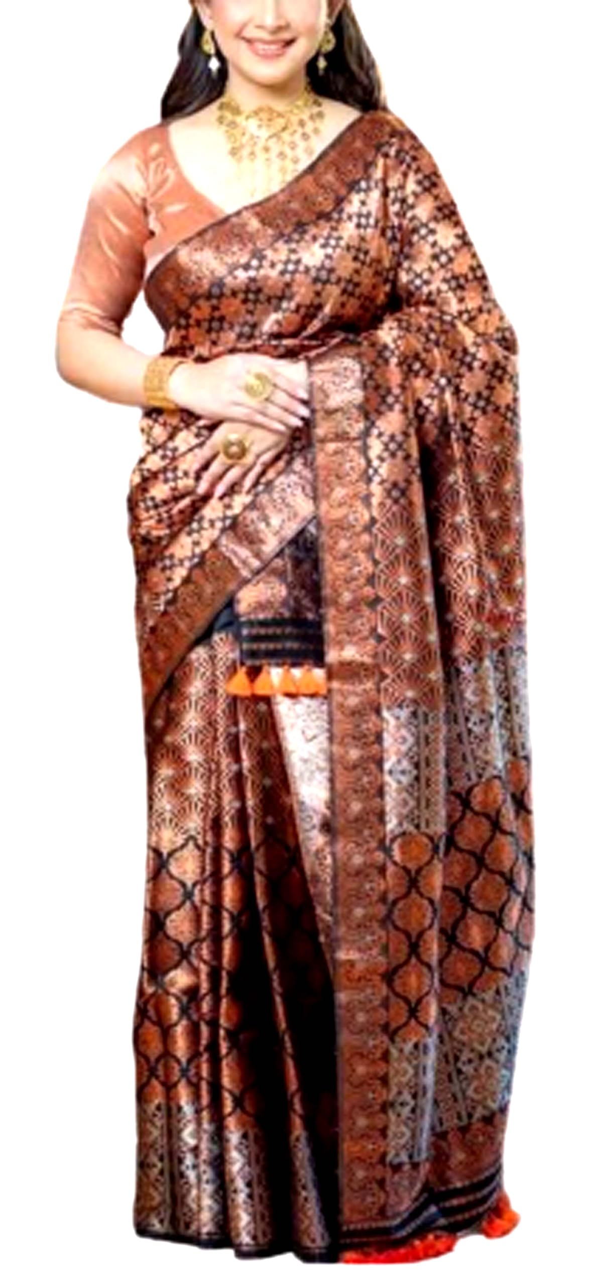 Women`s Bridal Assamese Mekhela Sador Traditional Design- Chocolate Brown