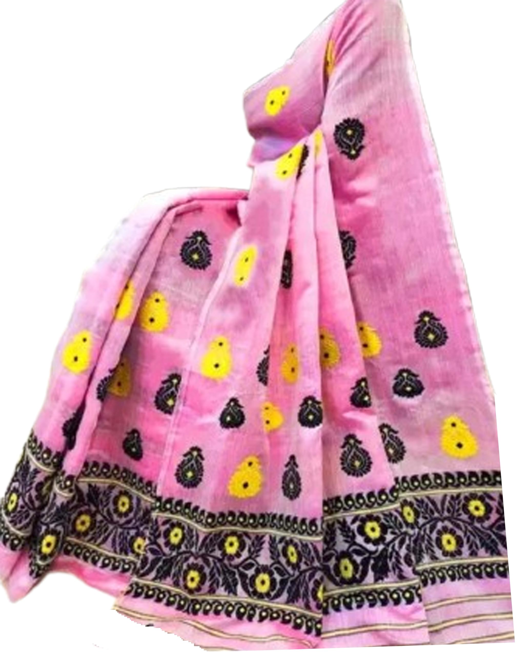 Women`s Assamese Mekhela Sador Paat Santal Panchi Lungi Parhar Fabric of Soft Silk Traditional Design- Pink Black