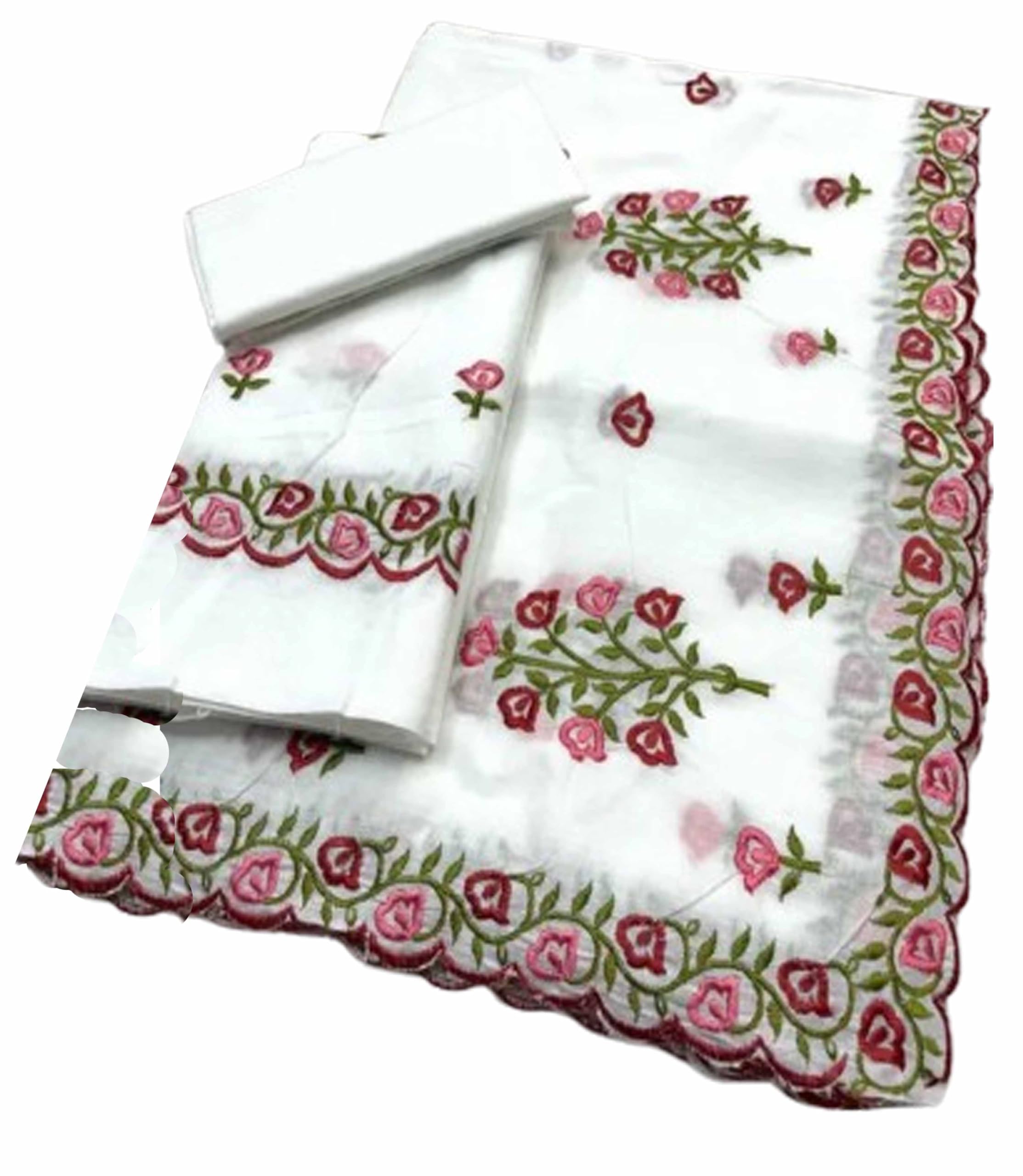 Women`s Assamese Mekhela Sador Traditional Design- White Pink Alpona