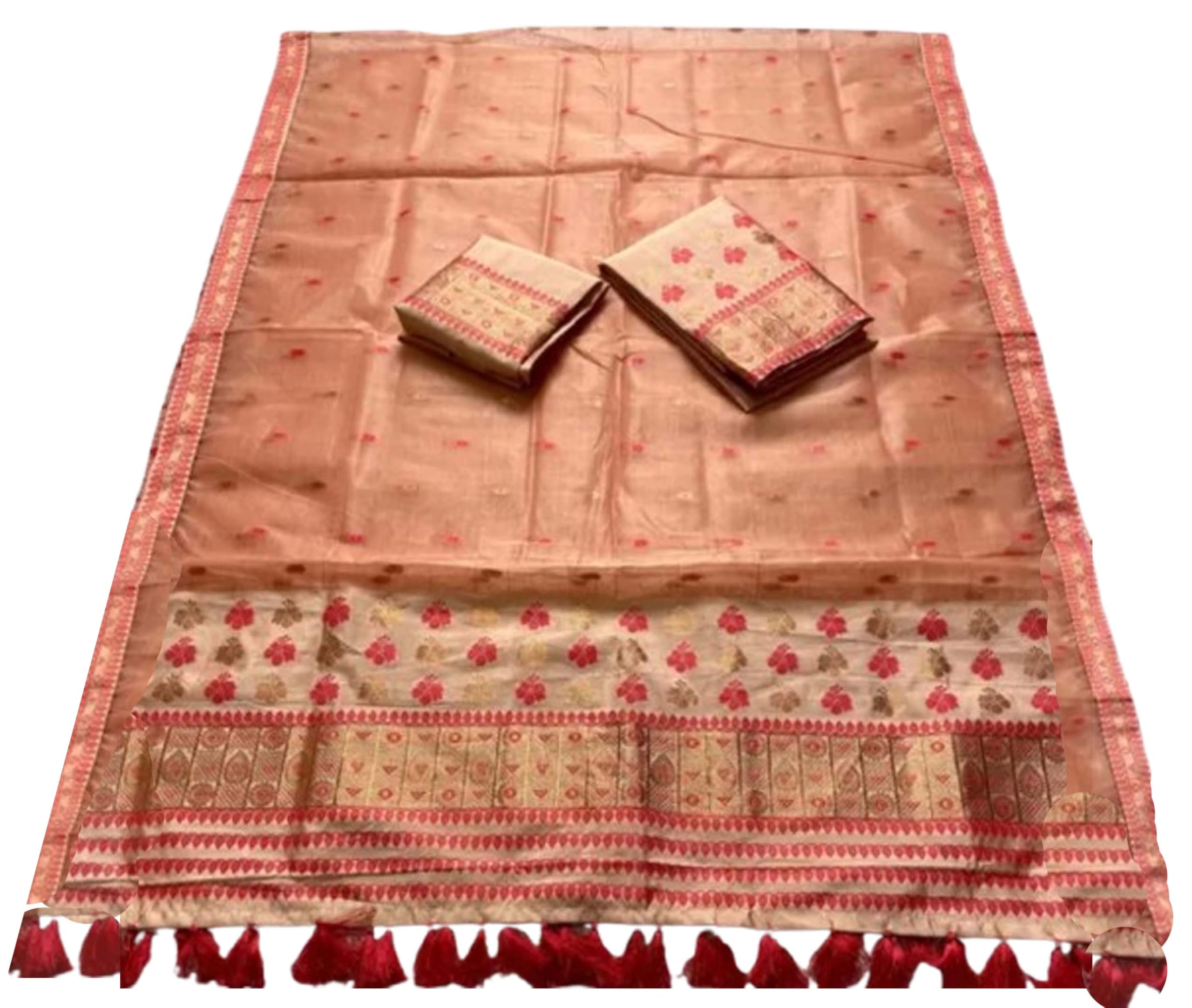 Women`s Assamese Mekhela Sador Traditional Design- Light Red