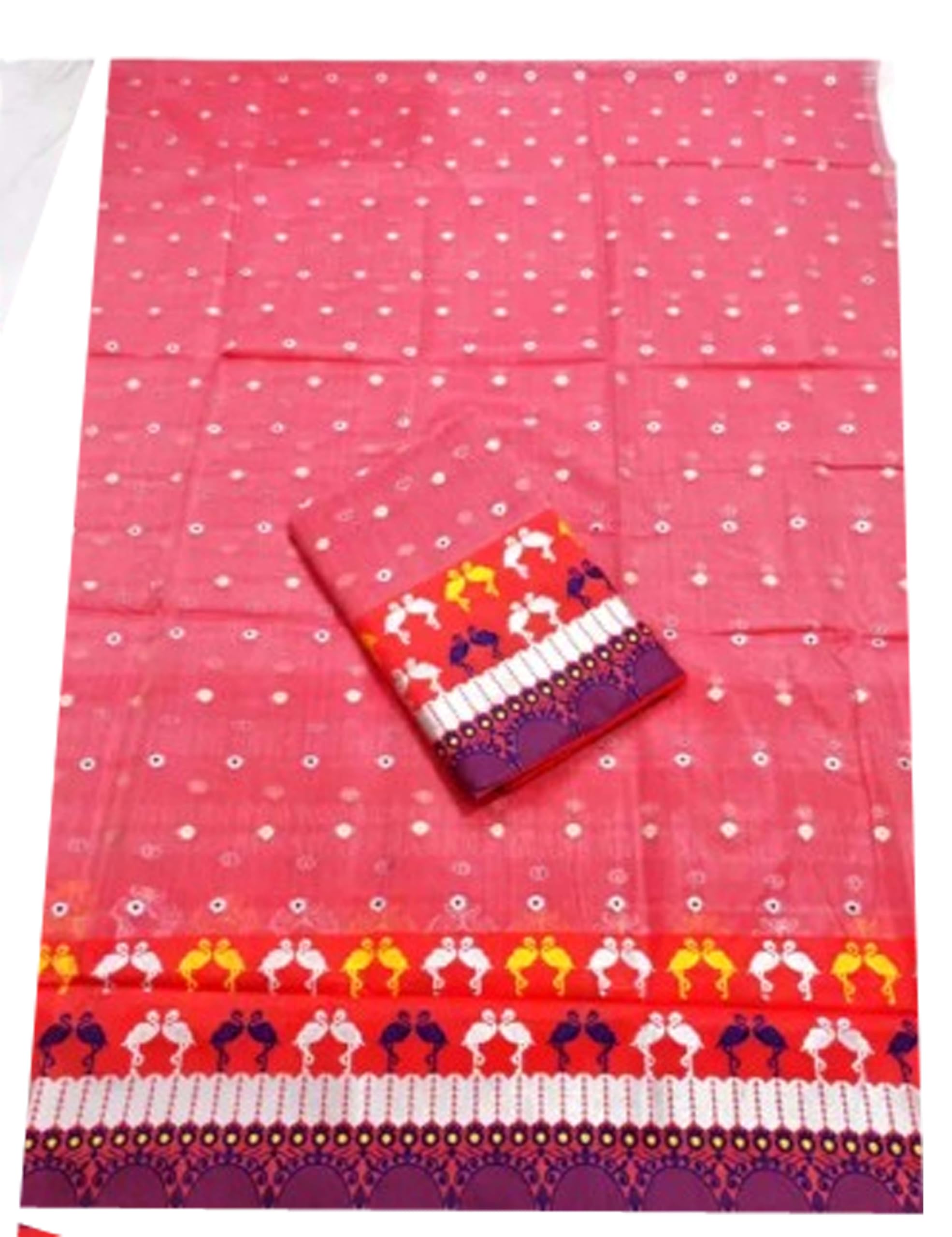  Assamese Mekhela Sador Paat  Fabric of Soft Silk Traditional Design- Coral Red Crane