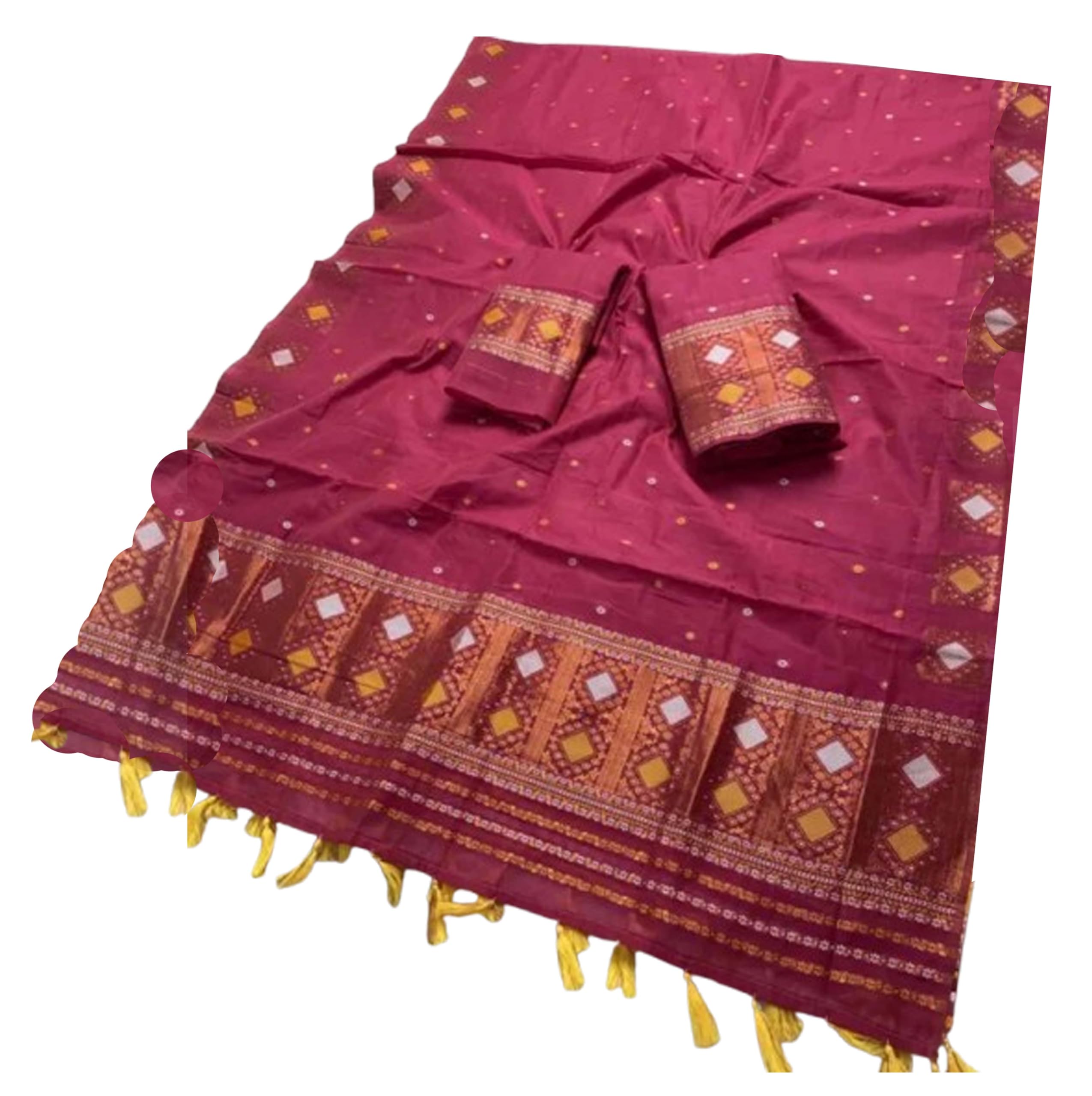 Women`s Assamese Mekhela Sador Fabric of Soft Silk Traditional Design- Maroon
