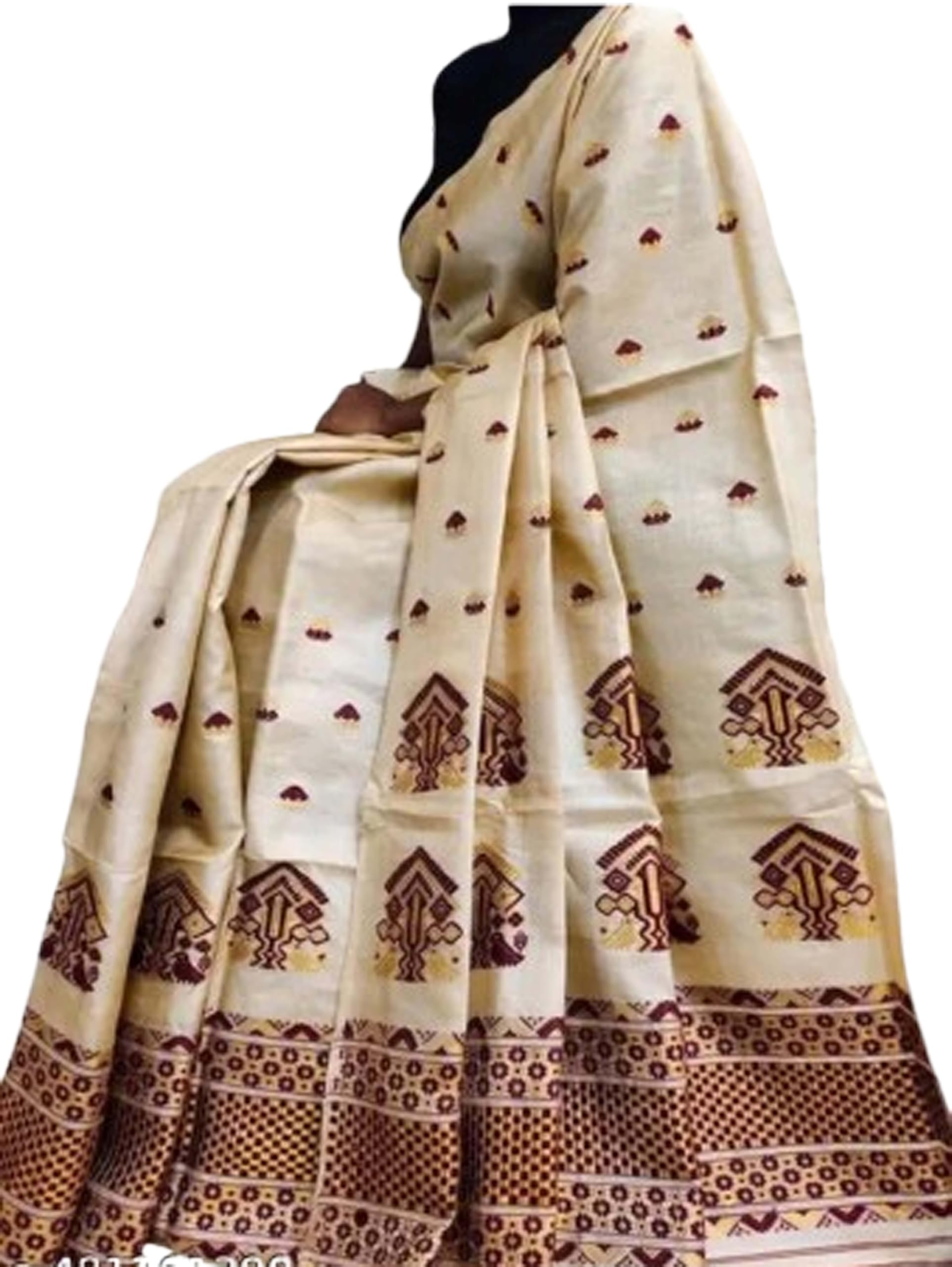 Women`s Assamese Mekhela Sador Traditional Design- Cream (Blue Buti)