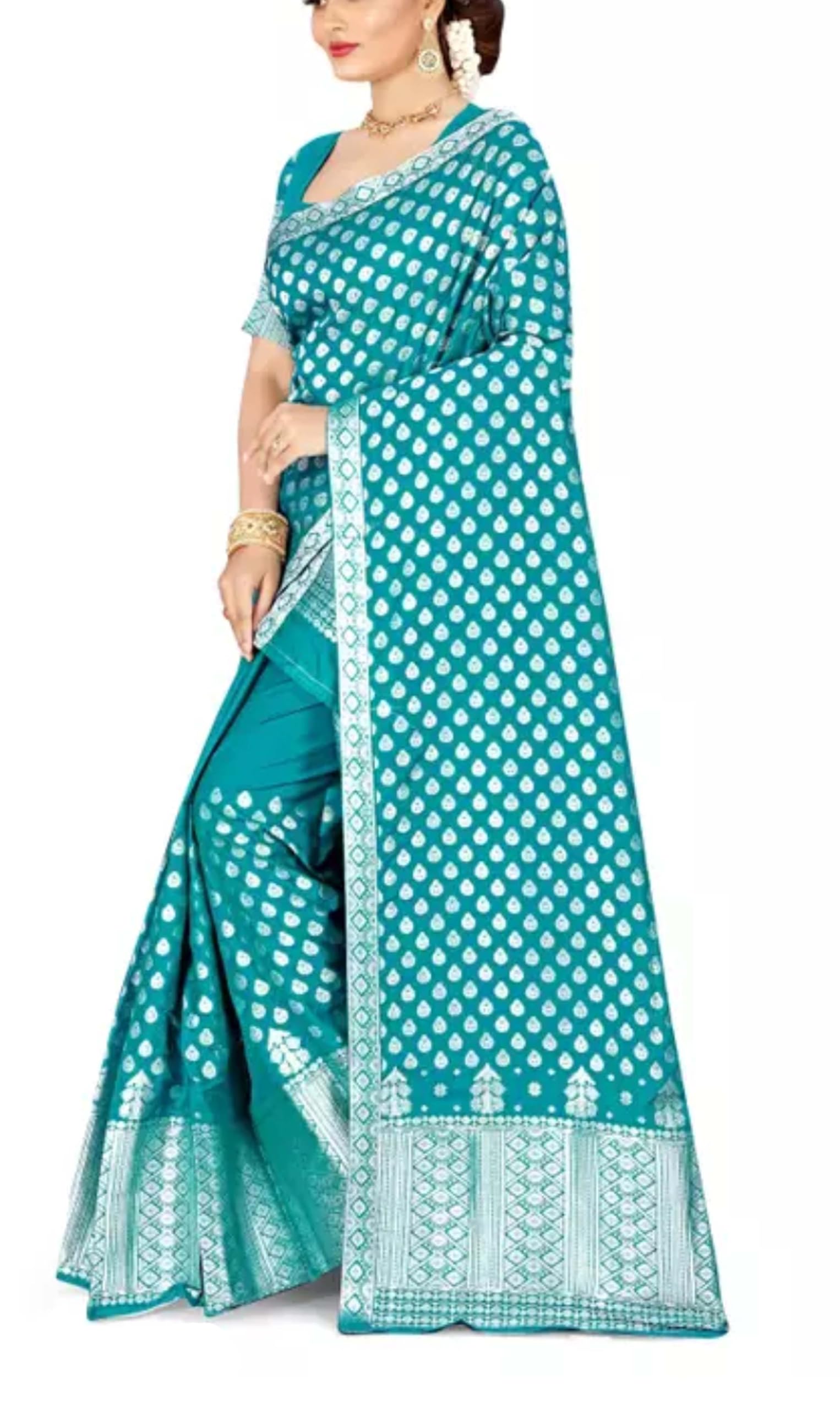 Women`s Assamese Mekhela SadorChador Pat Traditional Design- Sea Green