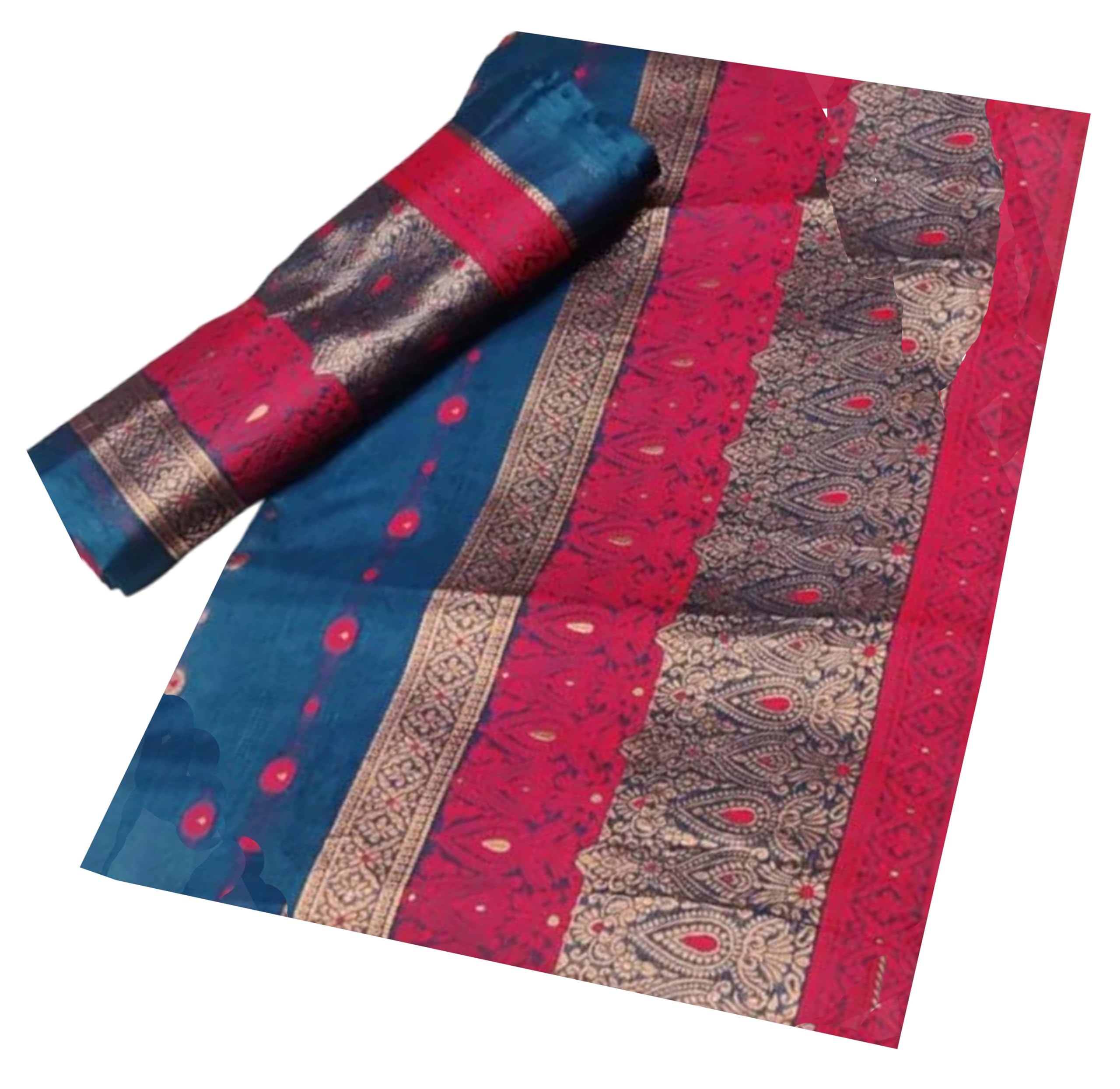 Women`s Assamese Mekhela Sador Traditional Design- Blue Red