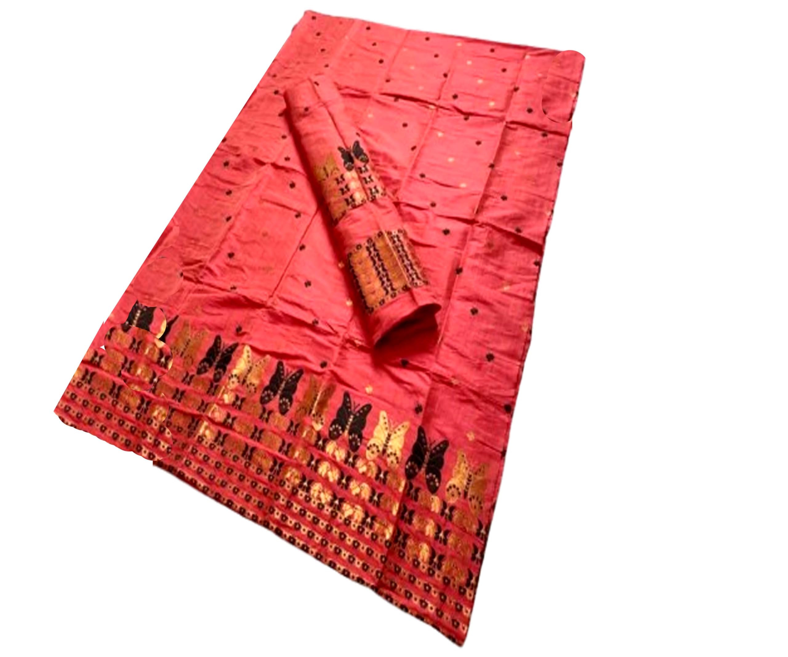 Women`s Assamese Mekhela Sador Pat Traditional Design-Pink Buterfly