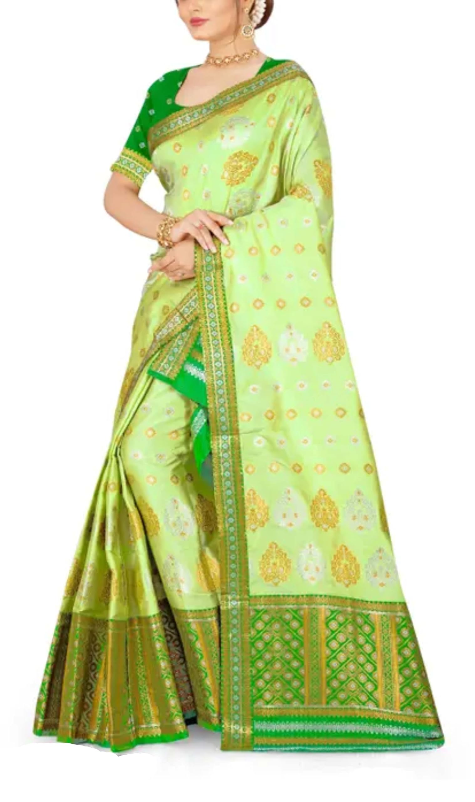 Women`s Assamese Mekhela Sador Fabric of Soft Silk Traditional Design- Parrot Green