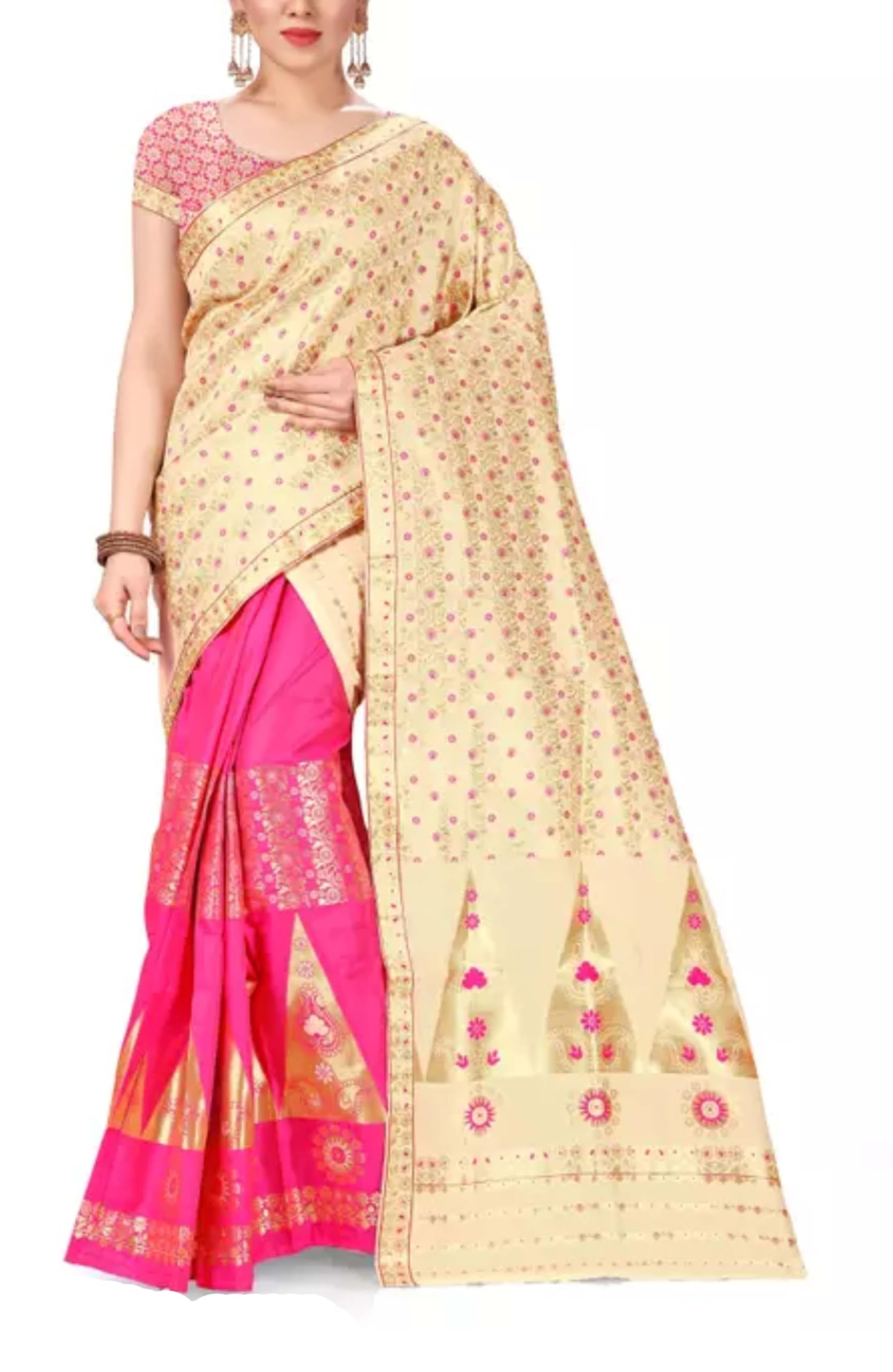 Women`s Assamese Mekhela Sador Traditional Design- Off White Pink