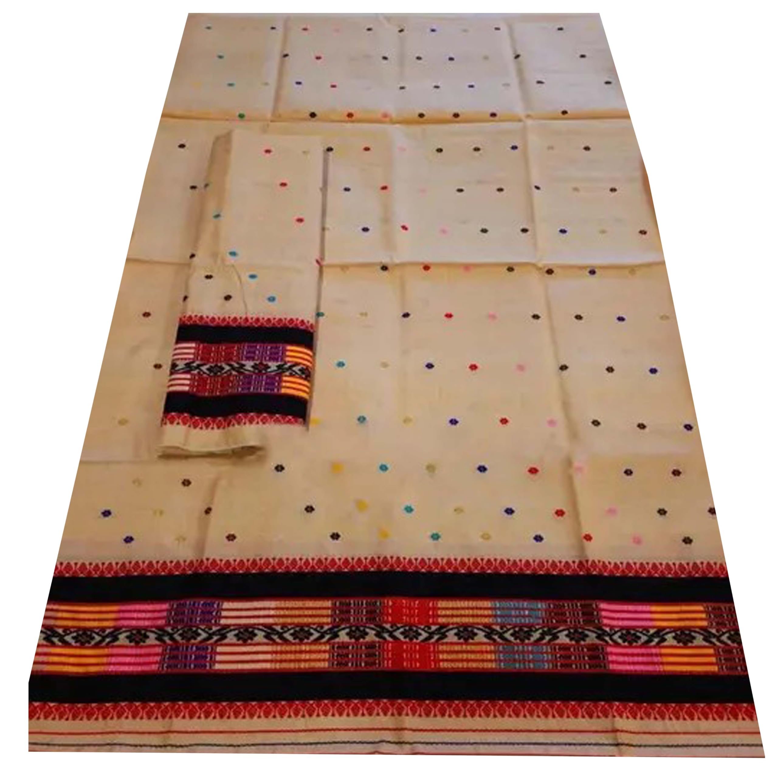Women`s Assamese Mekhela Sador Traditional Design-Cream brown Stripe