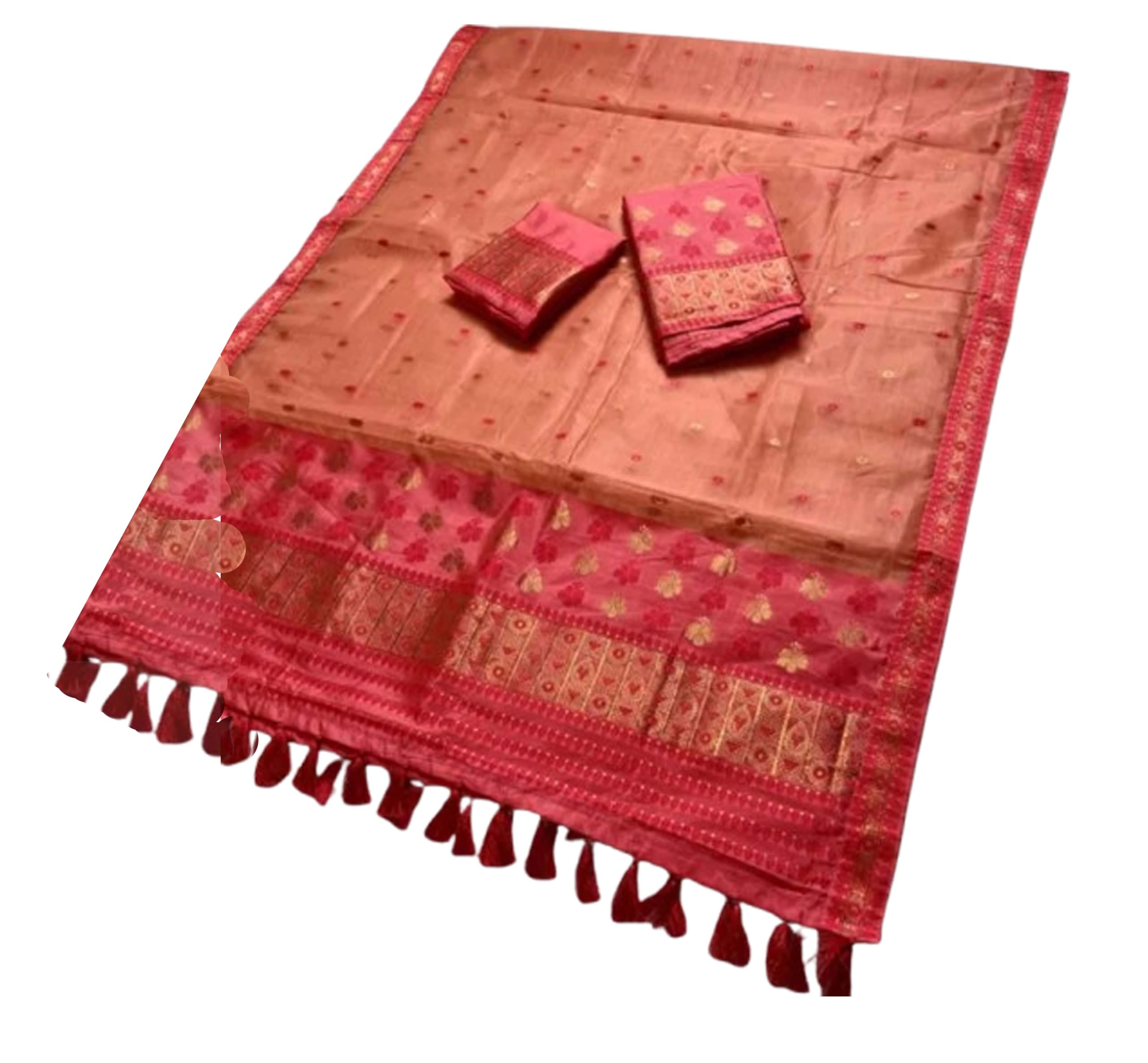 Women`s Assamese Mekhela Sador Fabric of Soft Silk Traditional Design- Peach Red