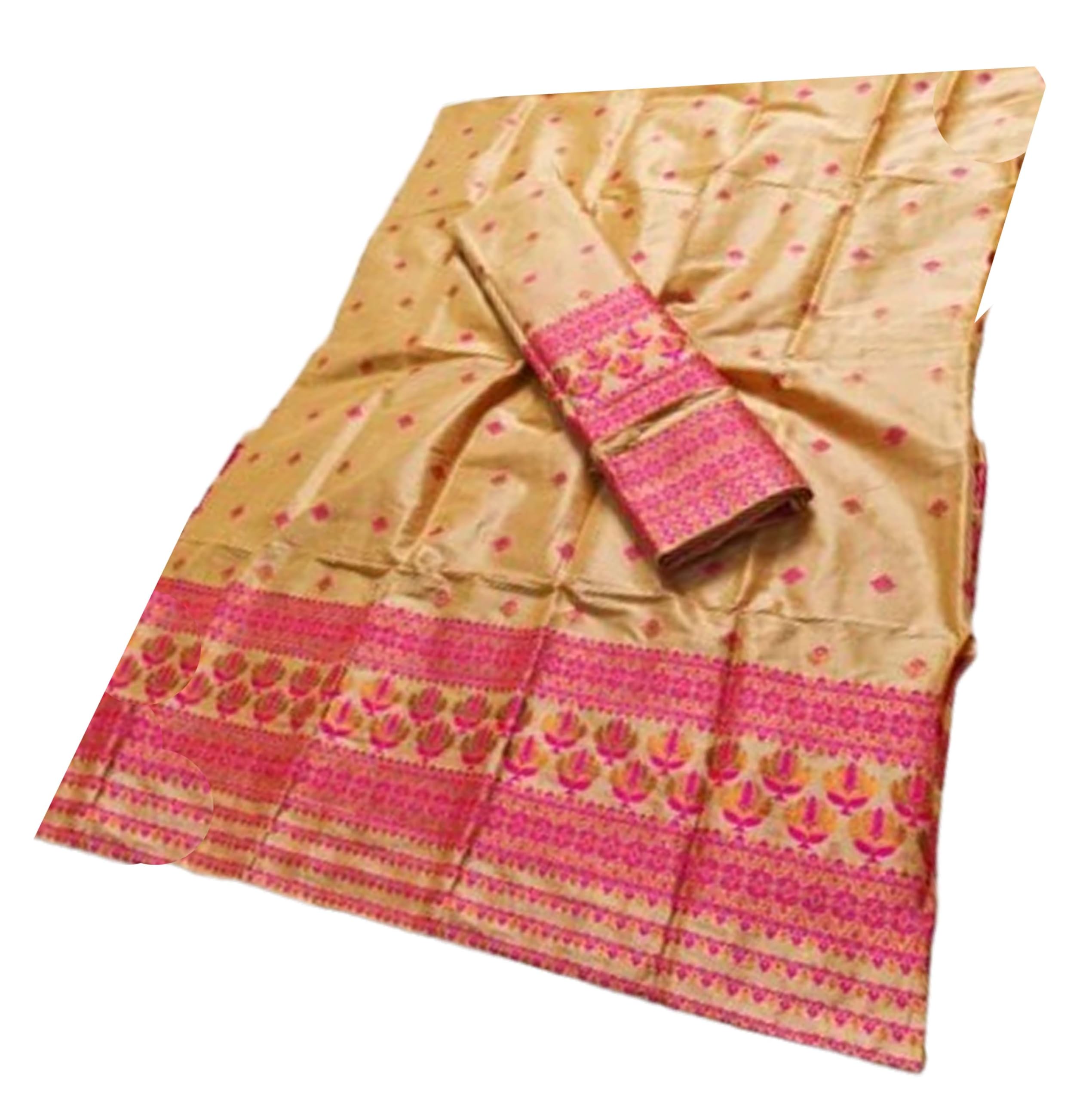 Women`s Assamese Mekhela Sador Traditional Design- Cream Pink