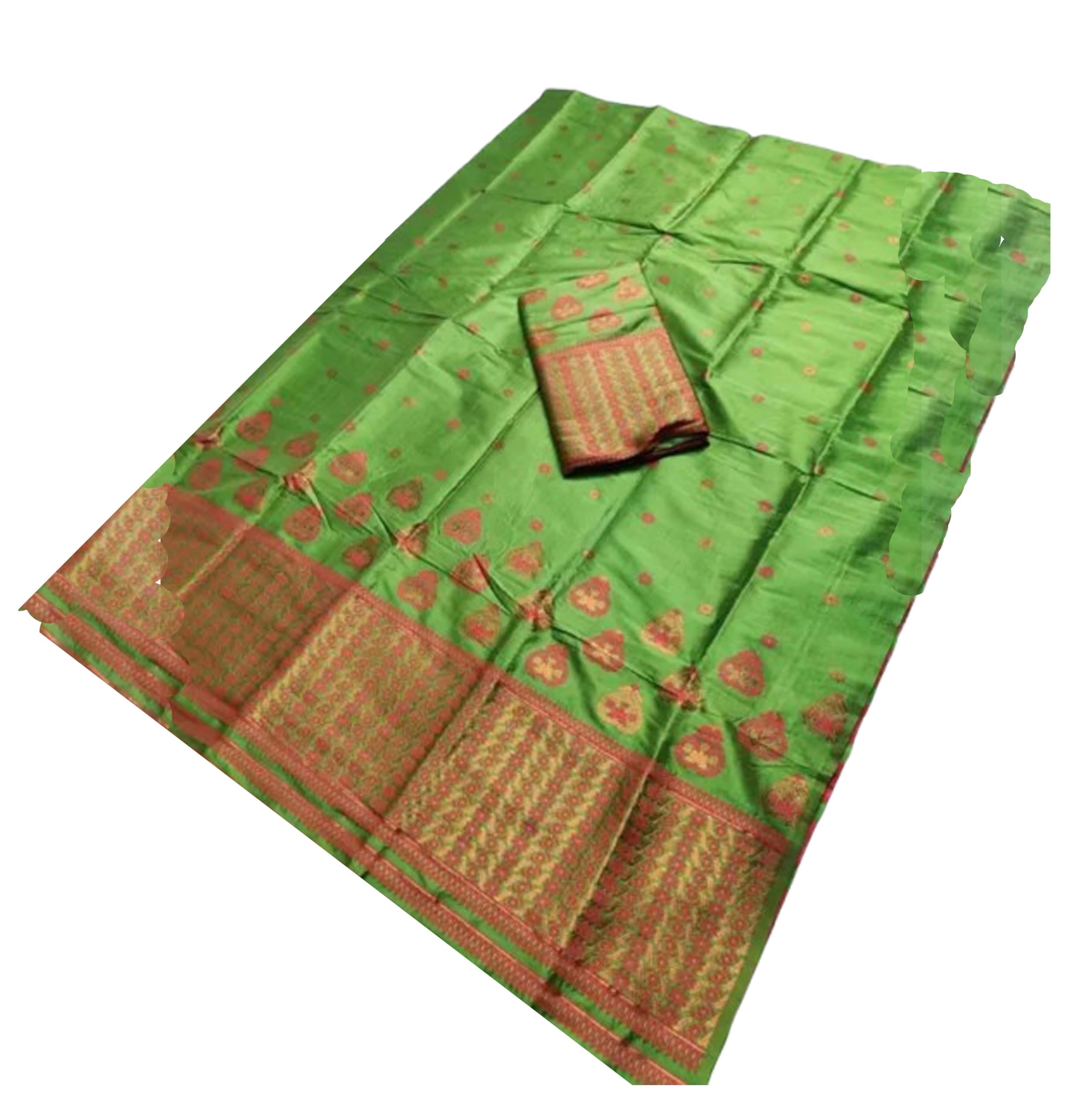 Women`s Assamese Mekhela Sador Traditional Design- Parrot Green Red