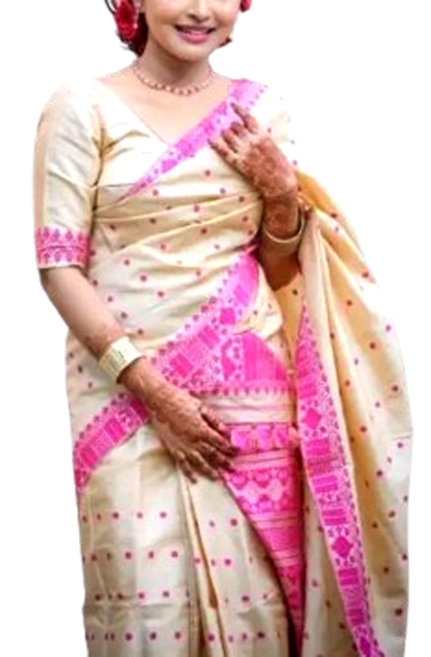 Women`S Assamese Mekhela Cotton Sador Pure Fabric Soft Traditional Design Saree - White Pink Buti