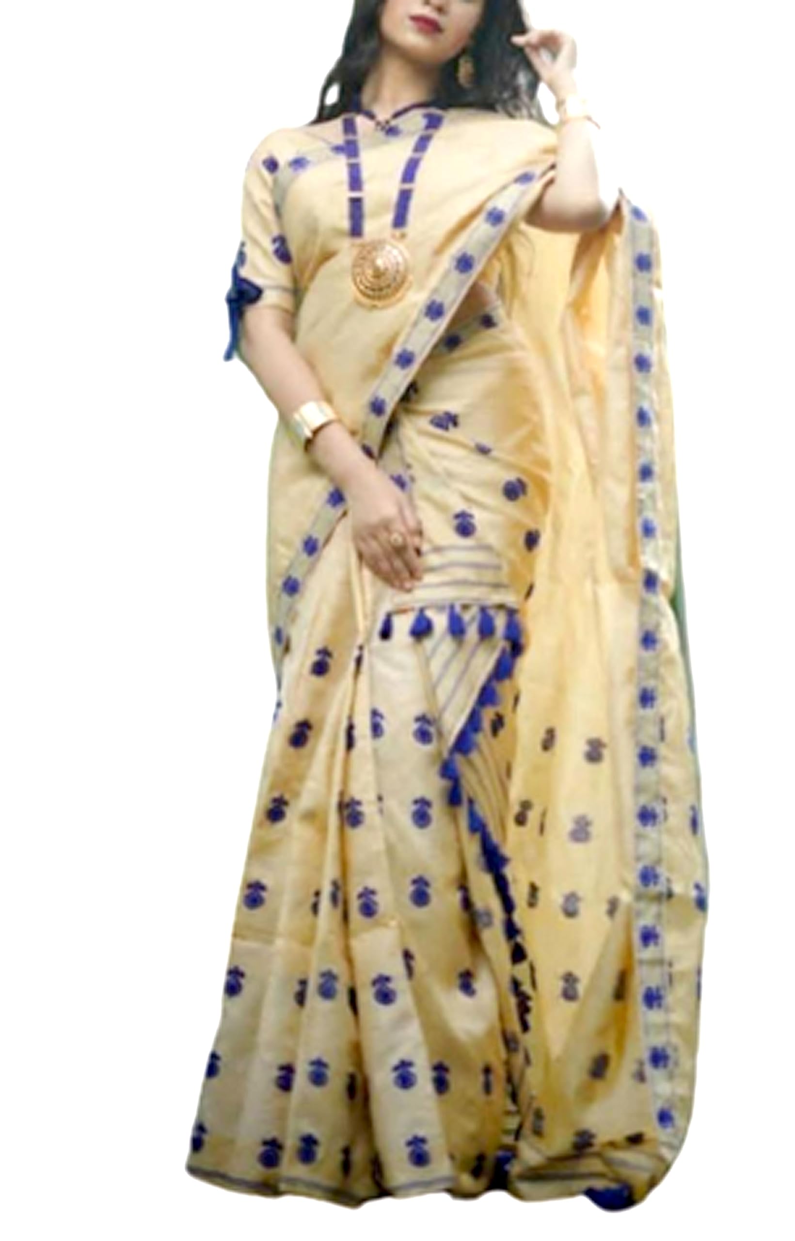Women`s Assamese Mekhela Sador Pure Fabric of Soft Silk Traditional Design- Cream Blue Buti