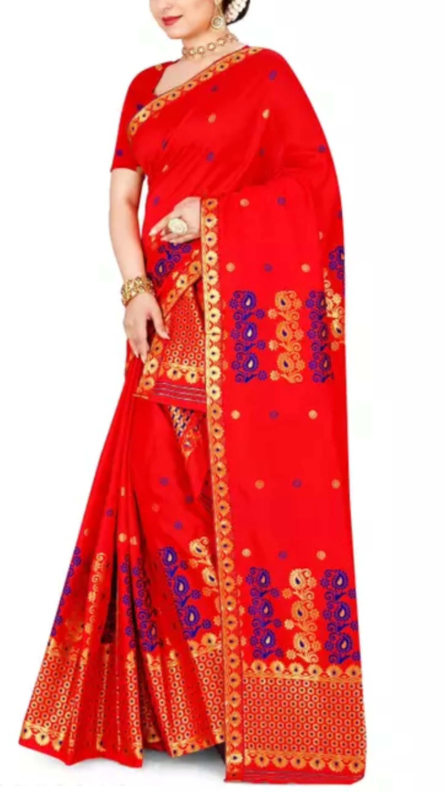 Women`s Assamese Mekhela Sador Fabric of Soft Silk Traditional Design-Red