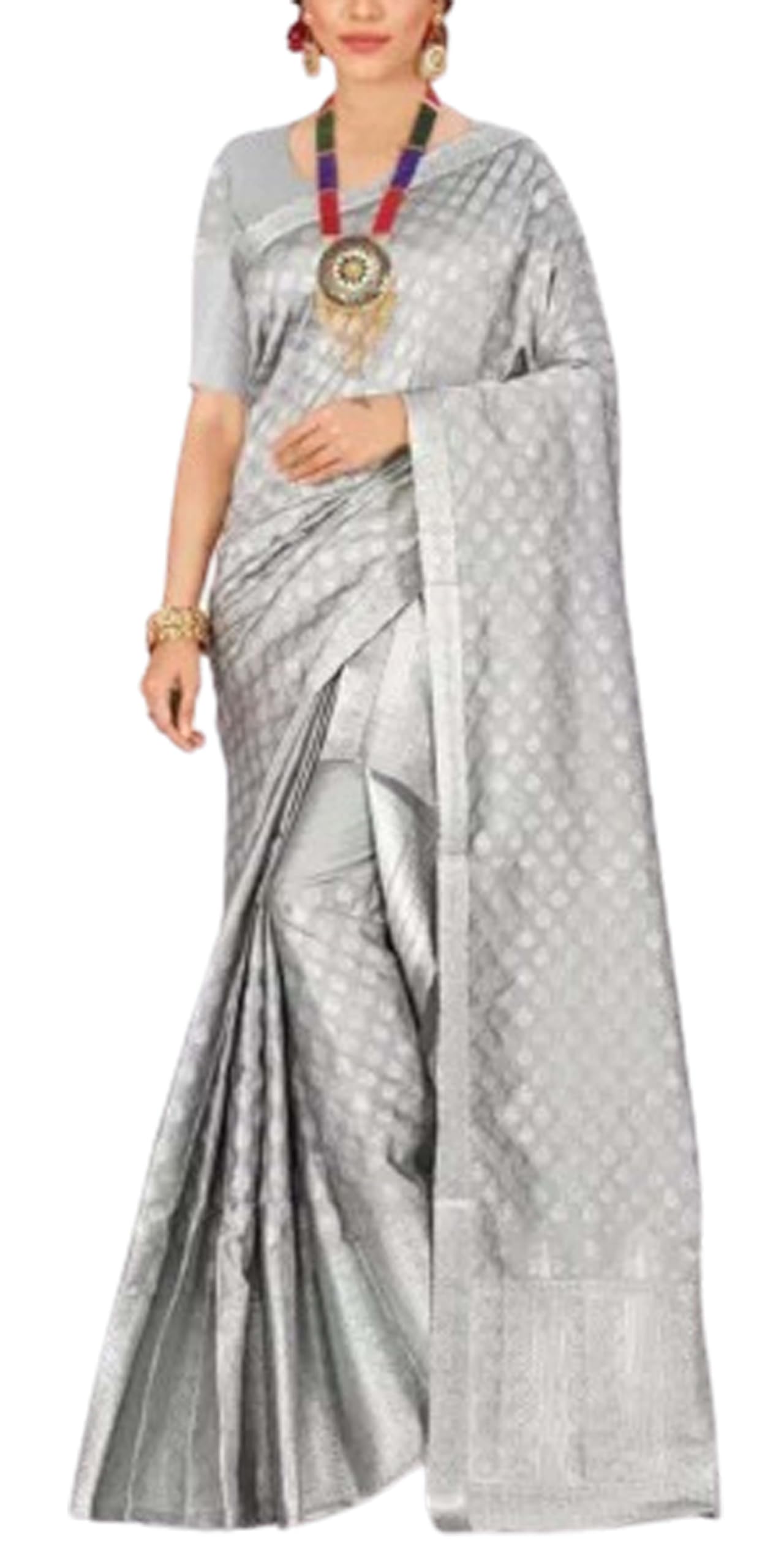 Women`s Assamese Mekhela Sador Chador Pat Traditional Design- Steel Grey