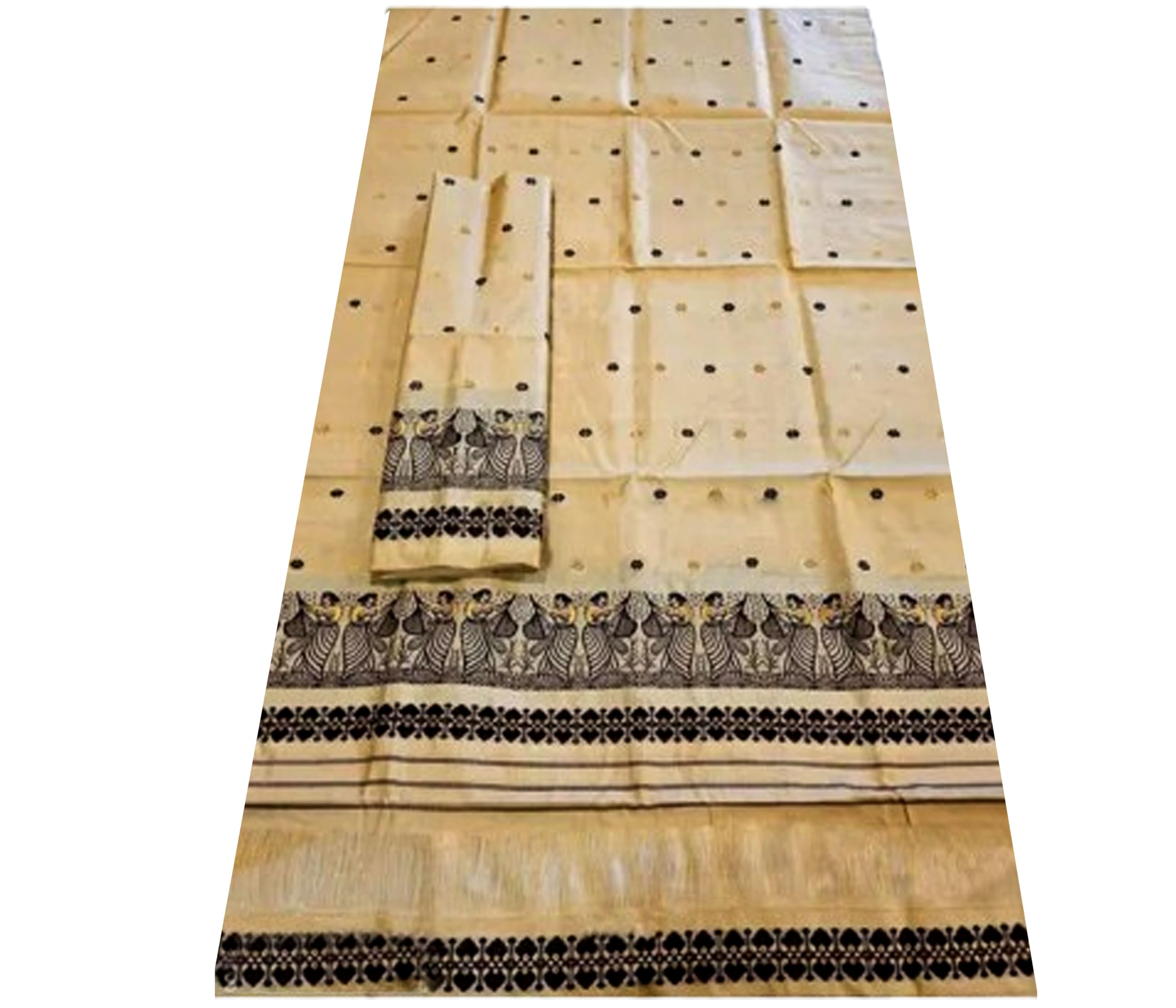 Women`s Assamese Mekhela Cotton Sador Traditional Design- Cream Black Buti