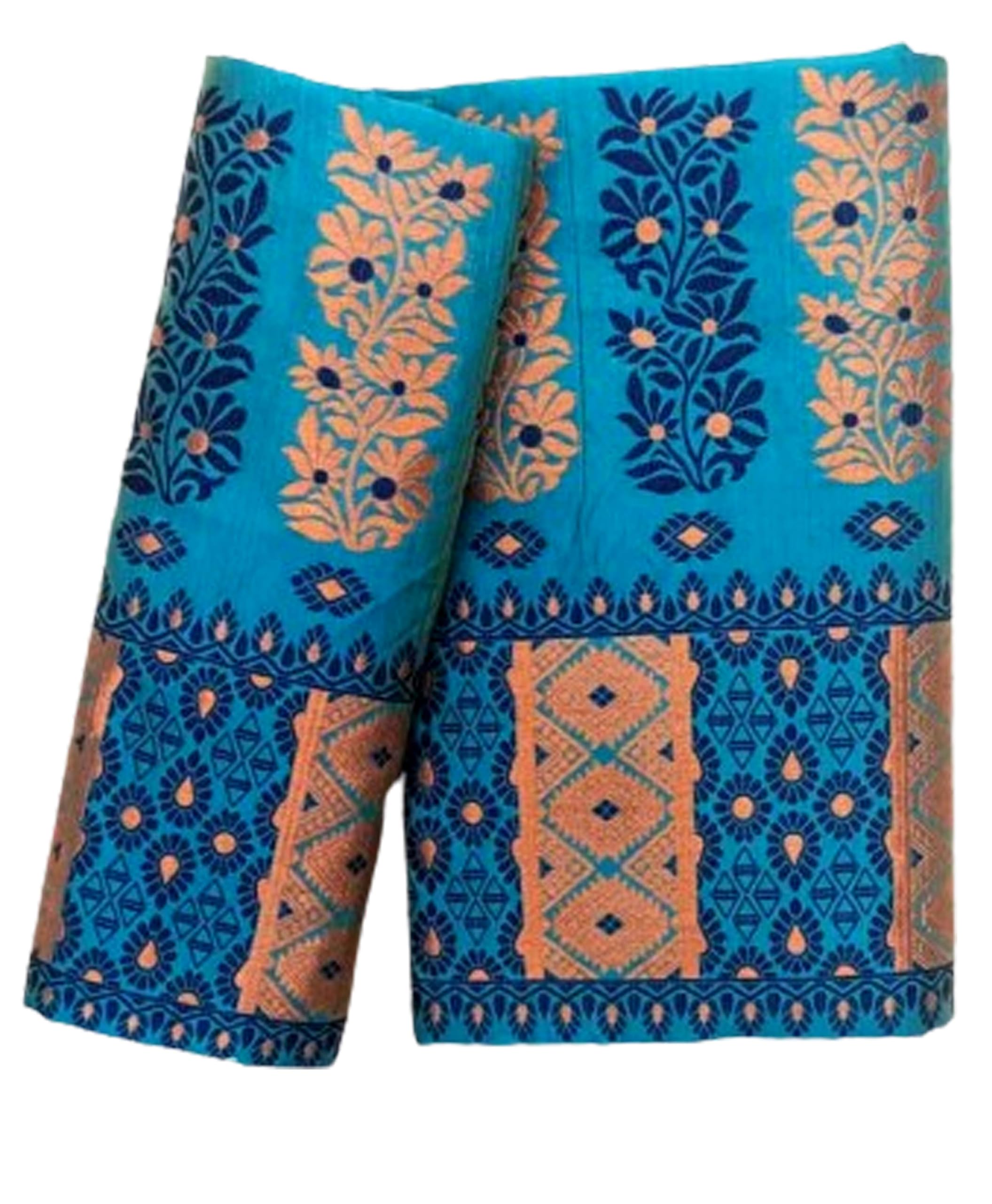 Women`s Assamese Mekhela Sador Chador Pat Traditional Design- Sky blue Gold