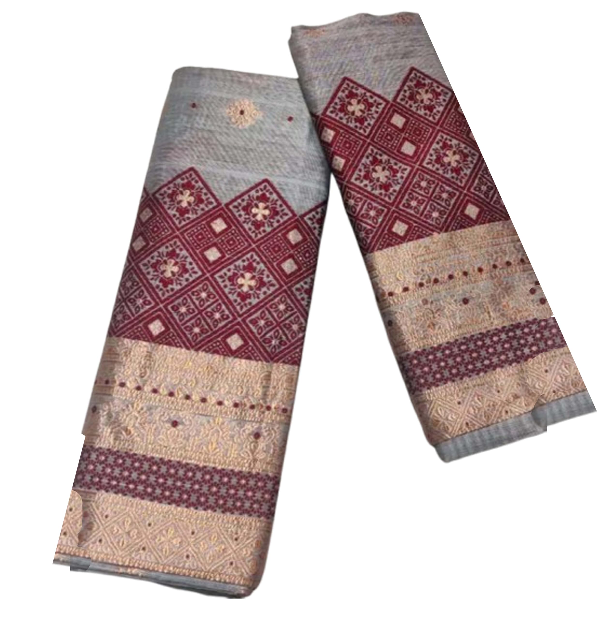 Women`s Assamese Mekhela Sador Traditional Design- Grey Maroon