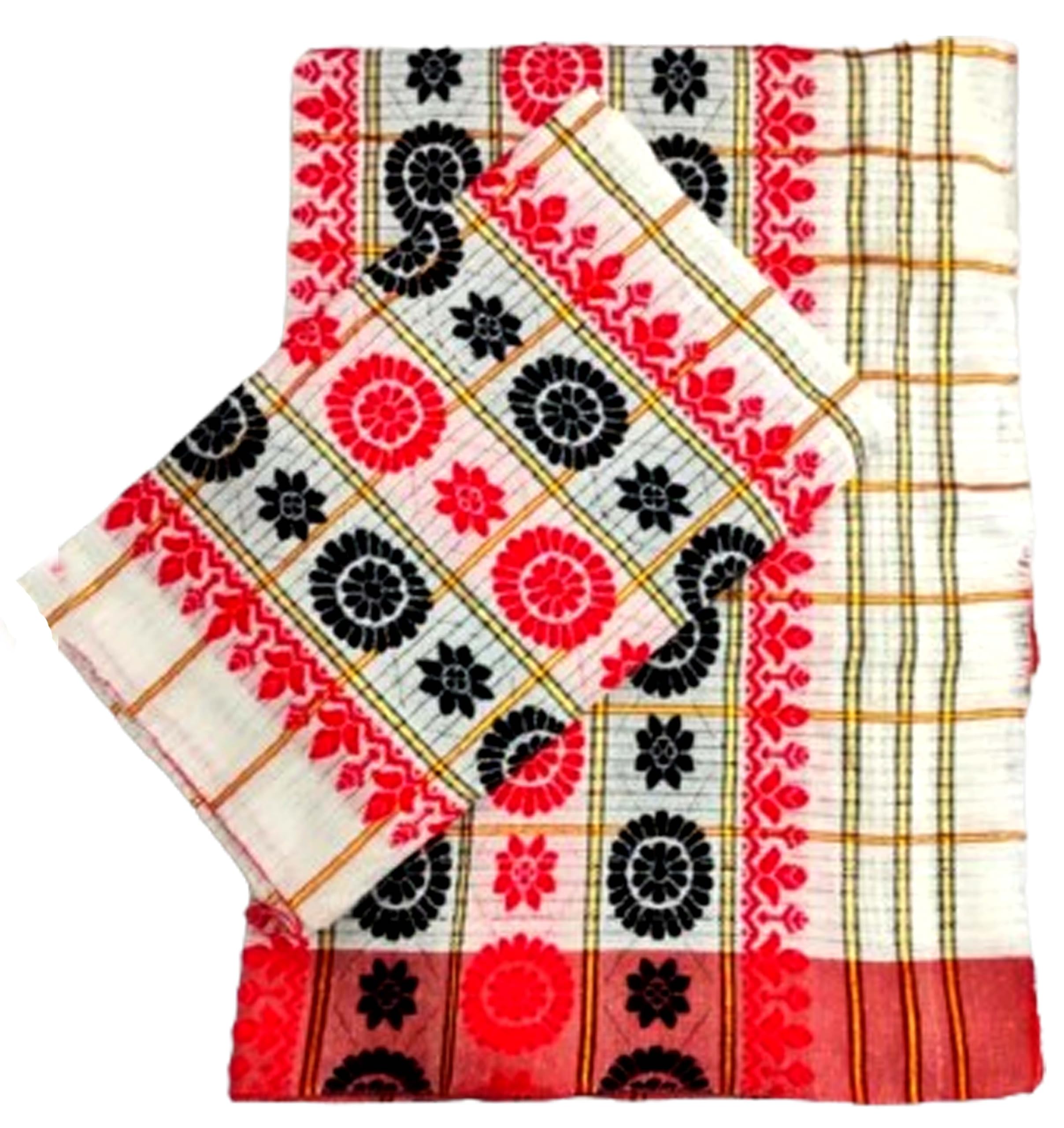 Women`s Assamese Mekhela Cotton Sador Pure Fabric Soft Traditional Design- Red Black Buti