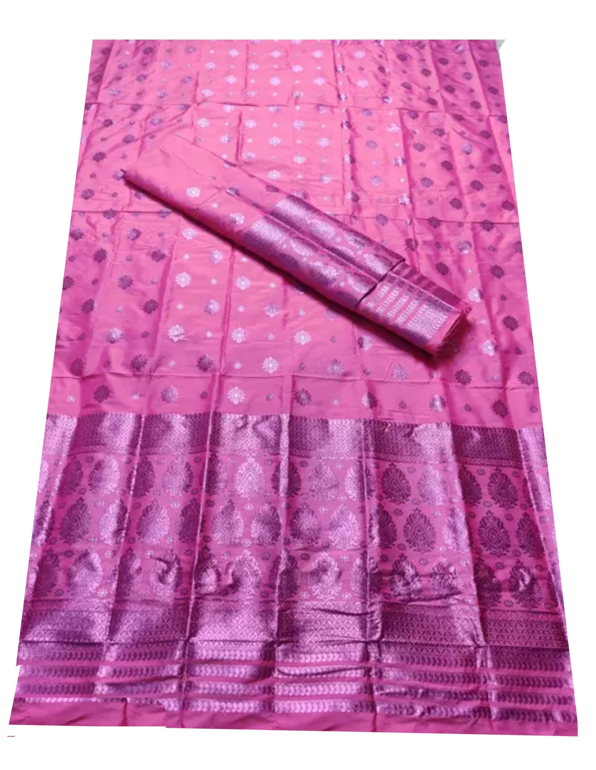 Women`s Assamese Mekhela Sador Fabric of Self Soft Silk Traditional Design- Pink Buti