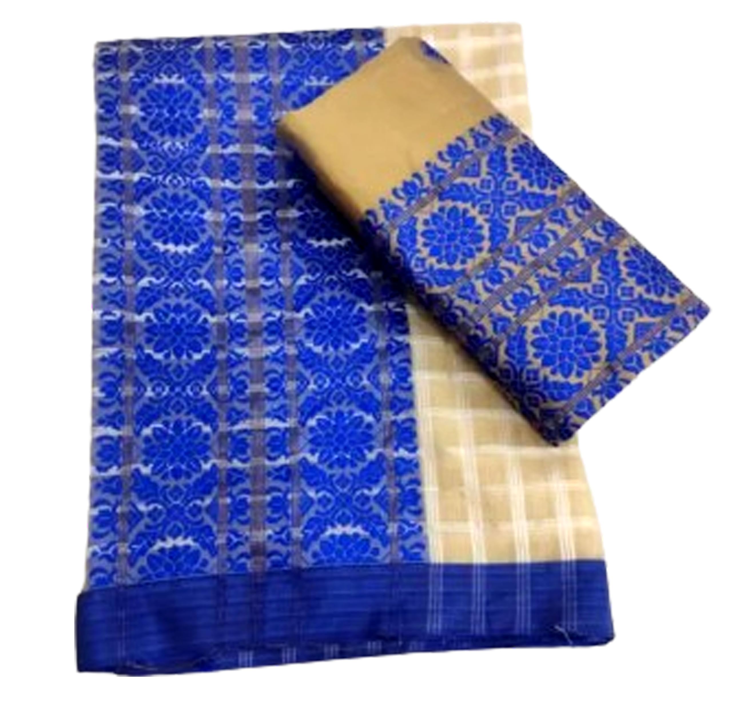 Women`s Assamese Mekhela Cotton Sador Traditional Design- Cream Blue