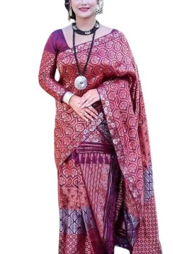 Women`s Bridal Assamese Mekhela Sador Traditional Design- Brown