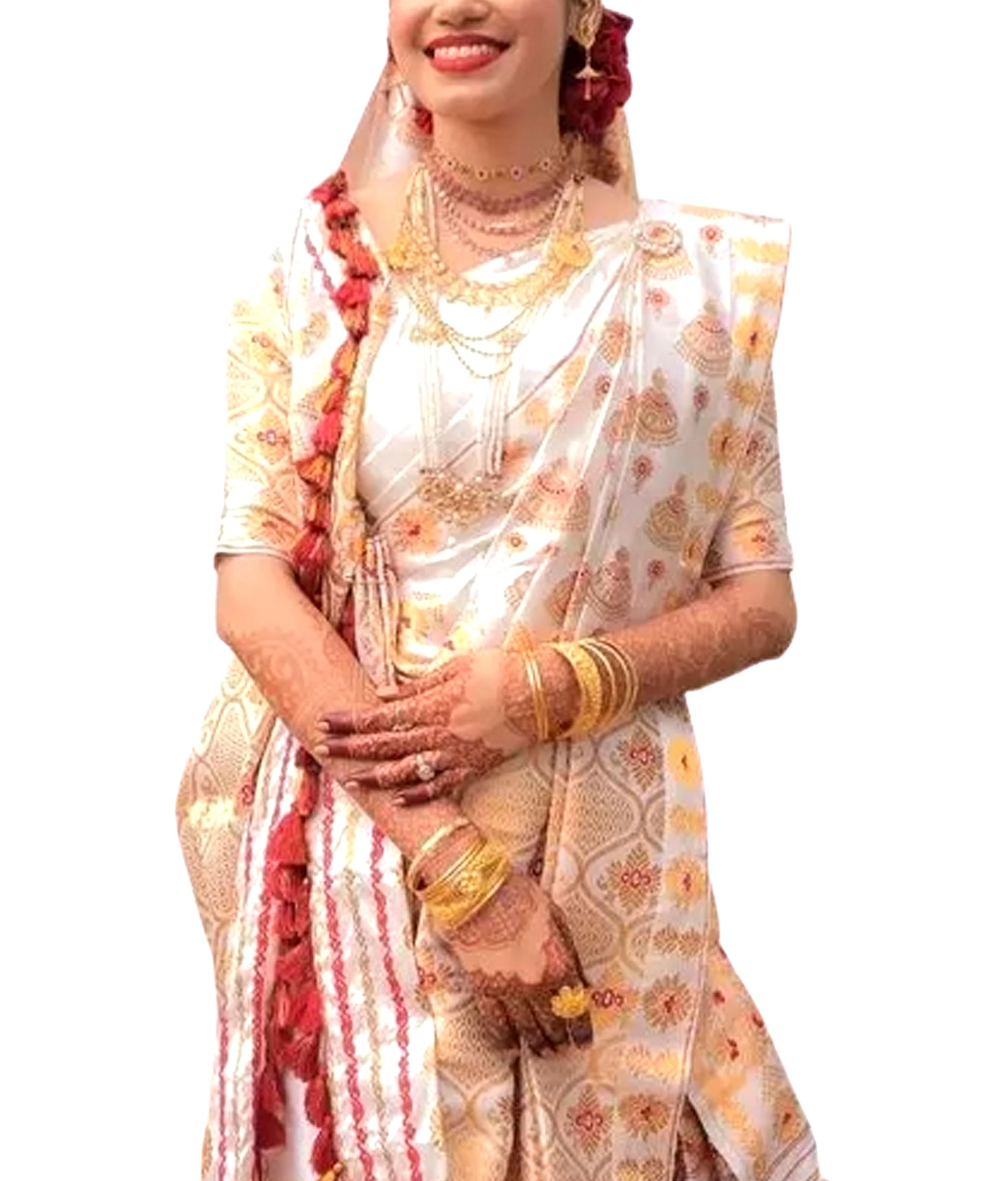 Women`s Assamese Bridal Mekhelaসদর Traditional Design Saree -Cream