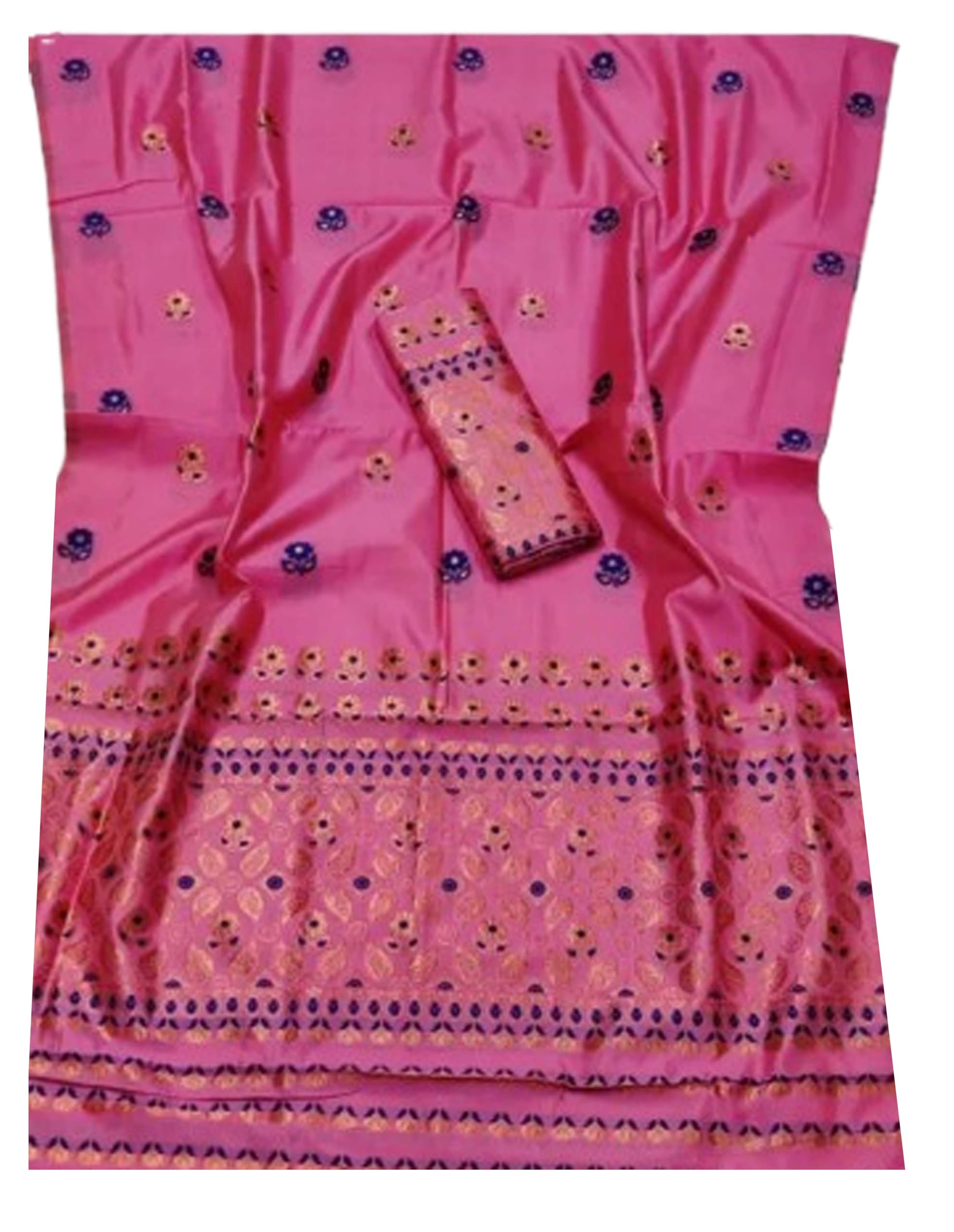Women`s Assamese Mekhela Sador Paat Santal Panchi Lungi Parhar Fabric of Soft Silk Traditional Design- Pink Blue Buti