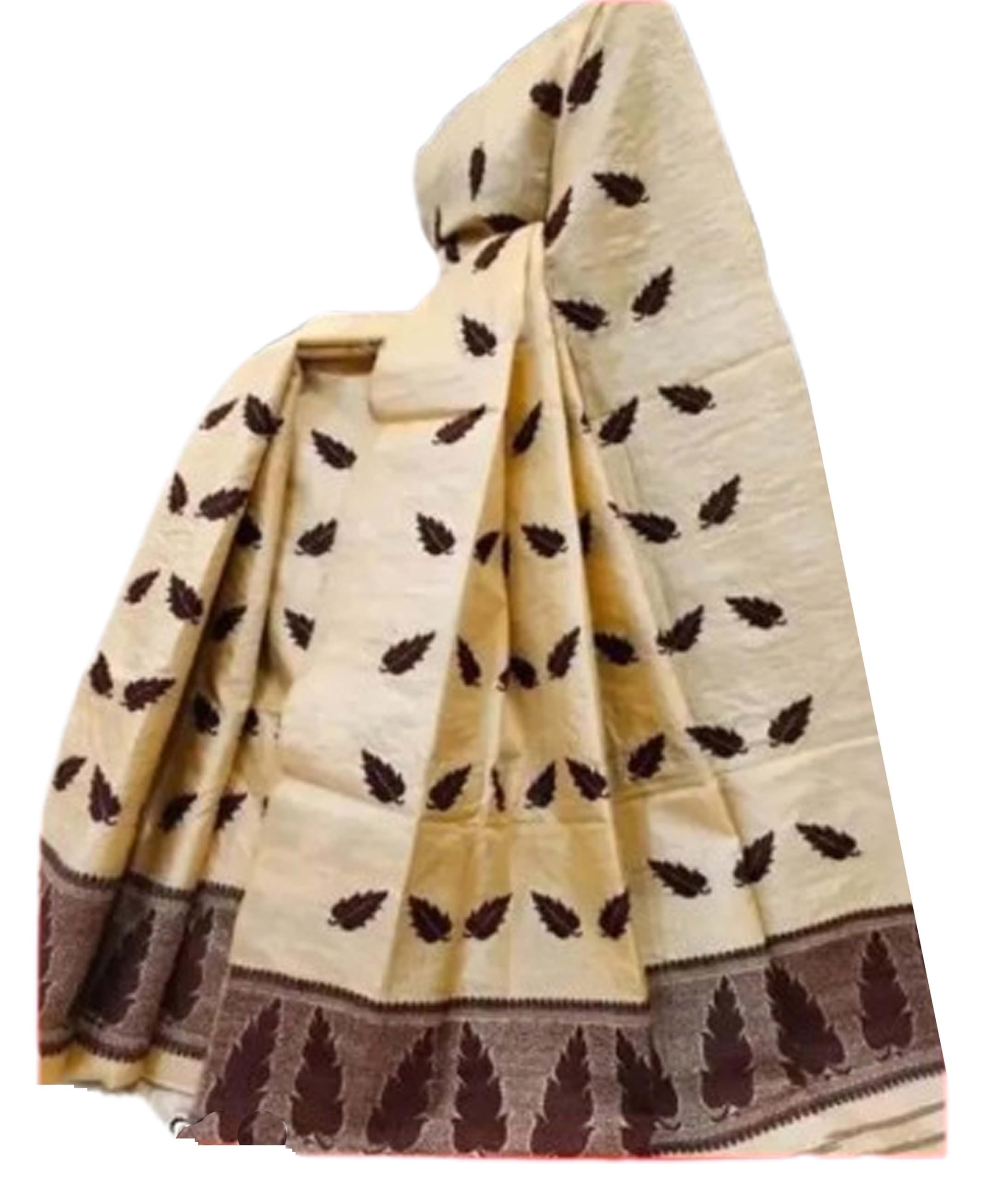 Women`s Assamese Mekhela Sador  Traditional Design-Cream Butterfly