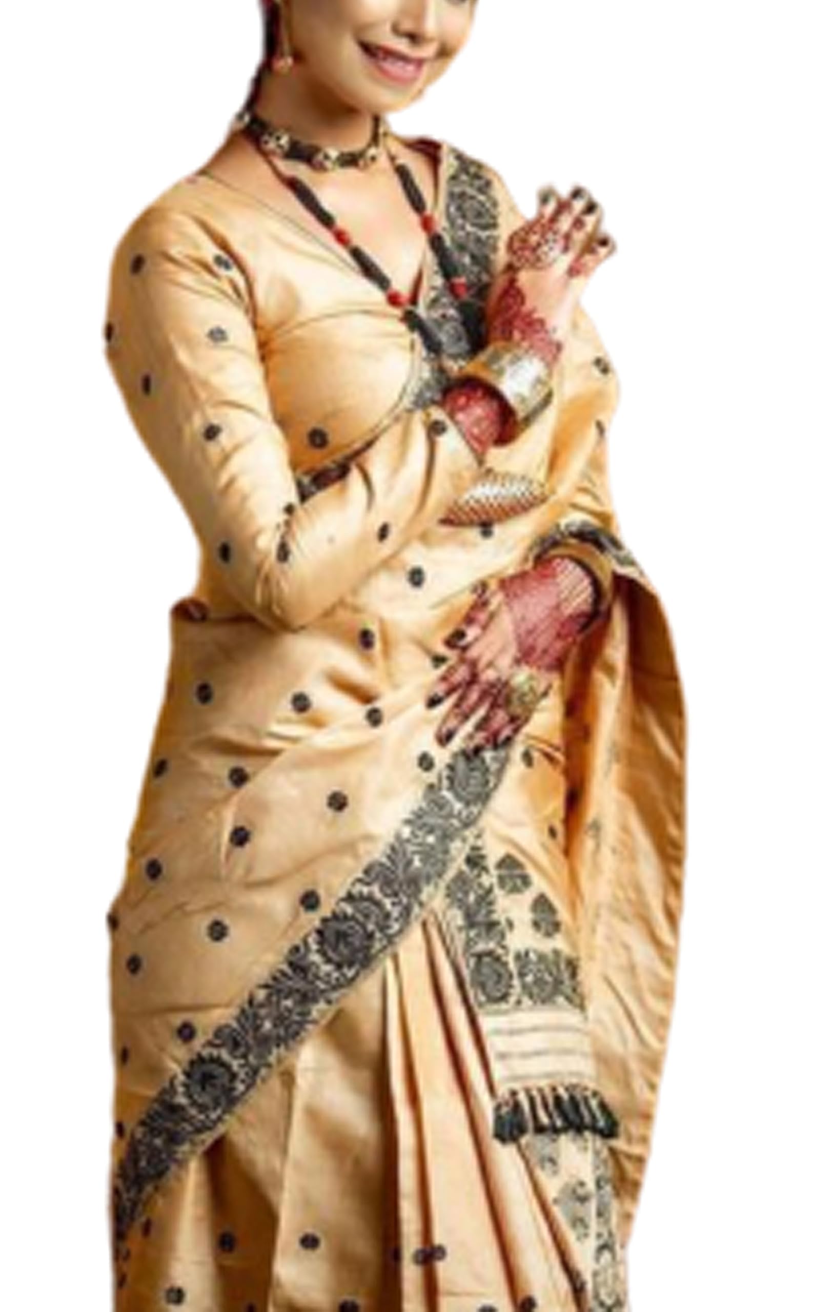 Women`S Assamese Mekhela Sador Fabric Of Soft Silk Traditional Design- CreamSaree (Black Buti)