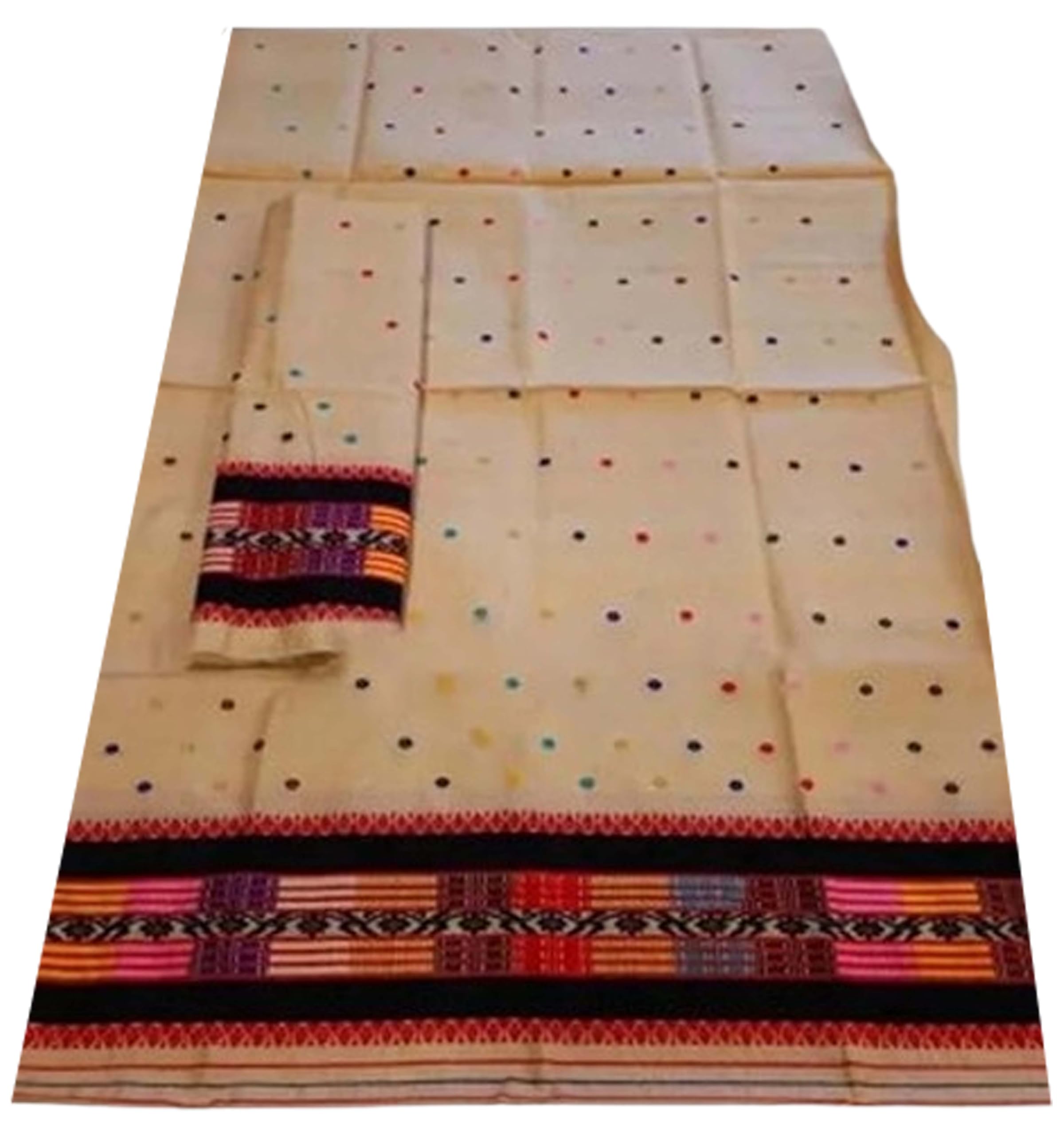 Women`s Assamese Mekhela Sador Paat Santal Panchi Lungi Parhar Fabric of Soft Silk Traditional Design- Cream Red Buti