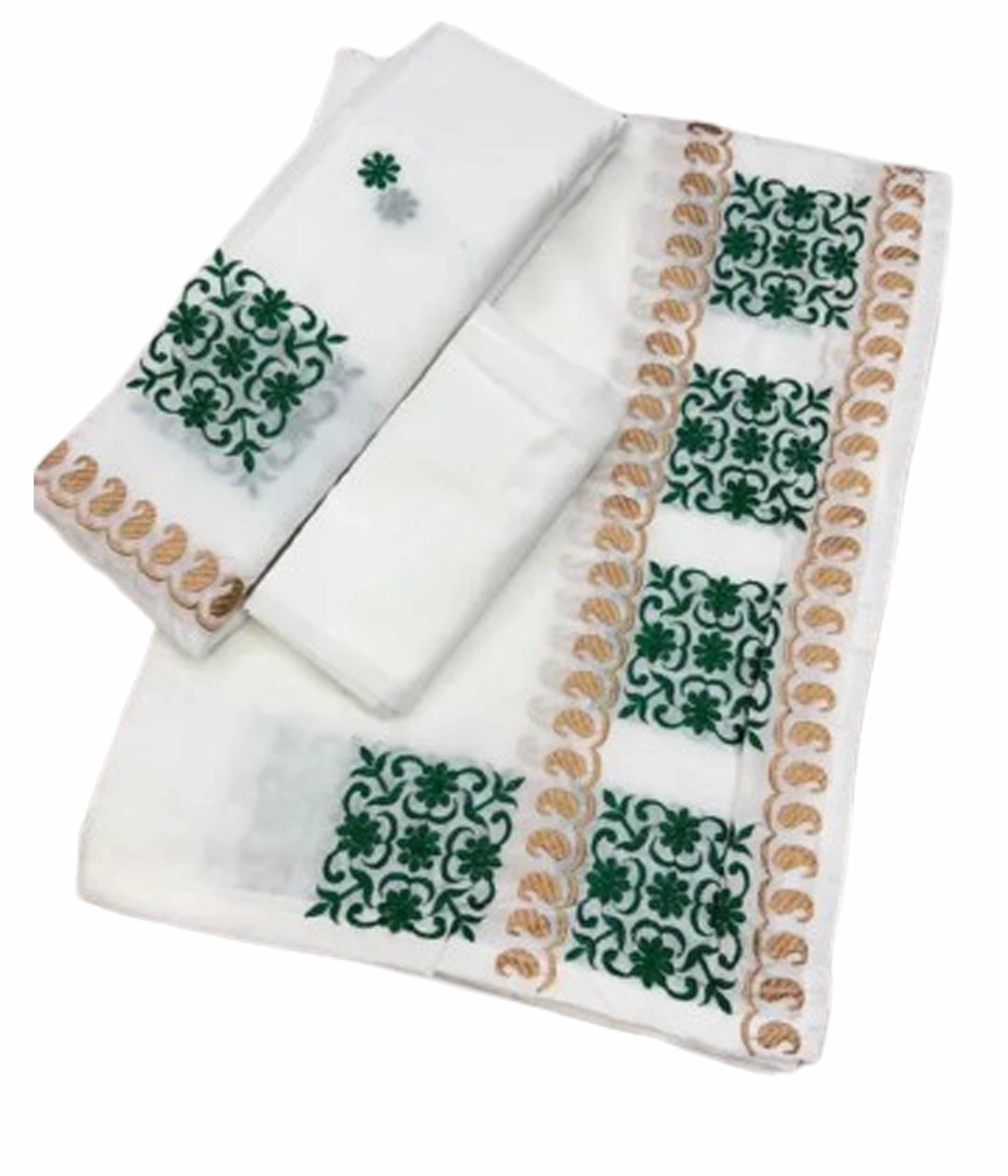 Women`s Assamese Mekhela Sador Traditional Design- White Green Alpona