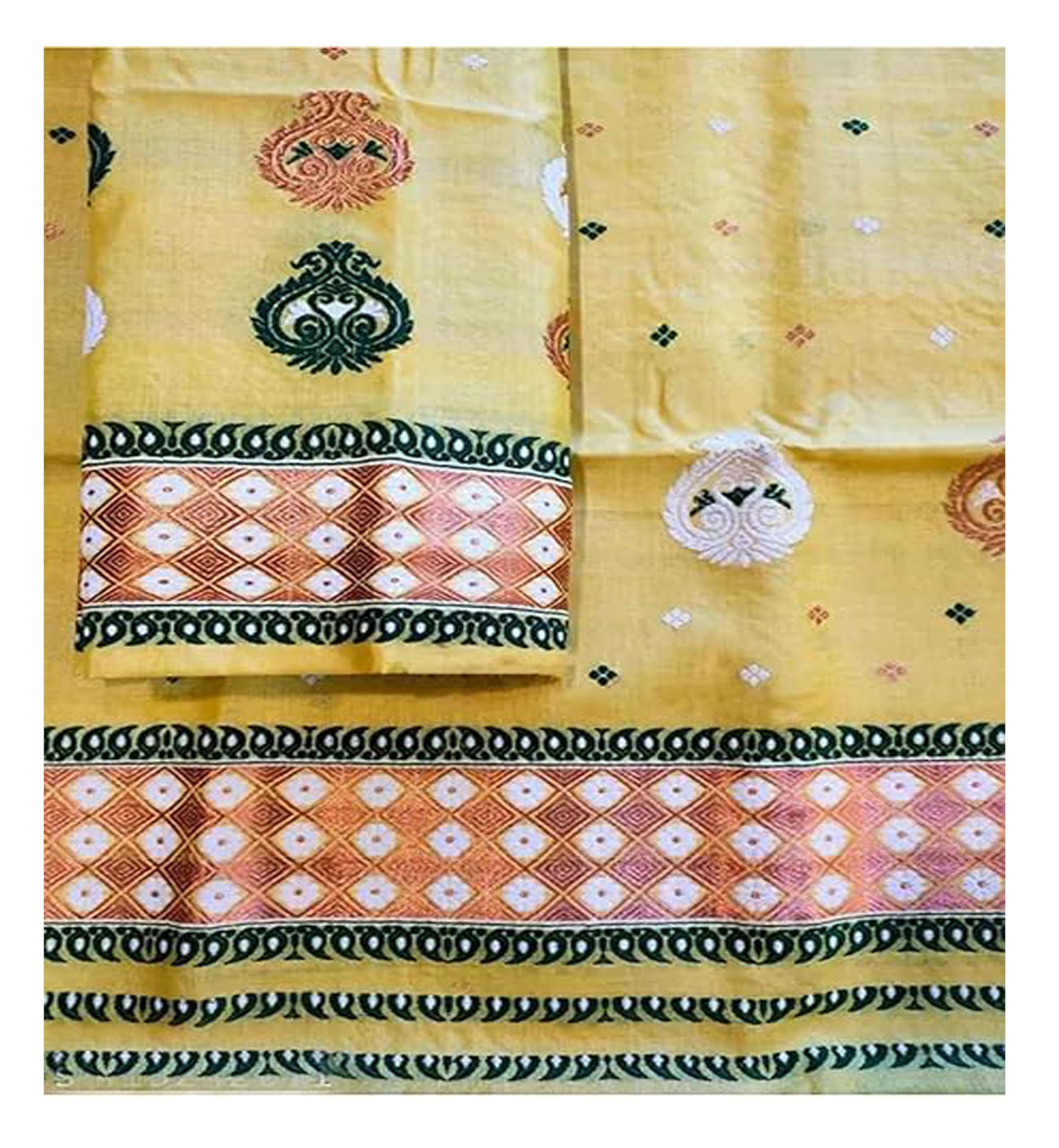 Women`s Assamese Mekhela Cotton Sador Jura Santal Panchi Parhar Pure Fabric Soft Traditional Design- Yellow checkerd