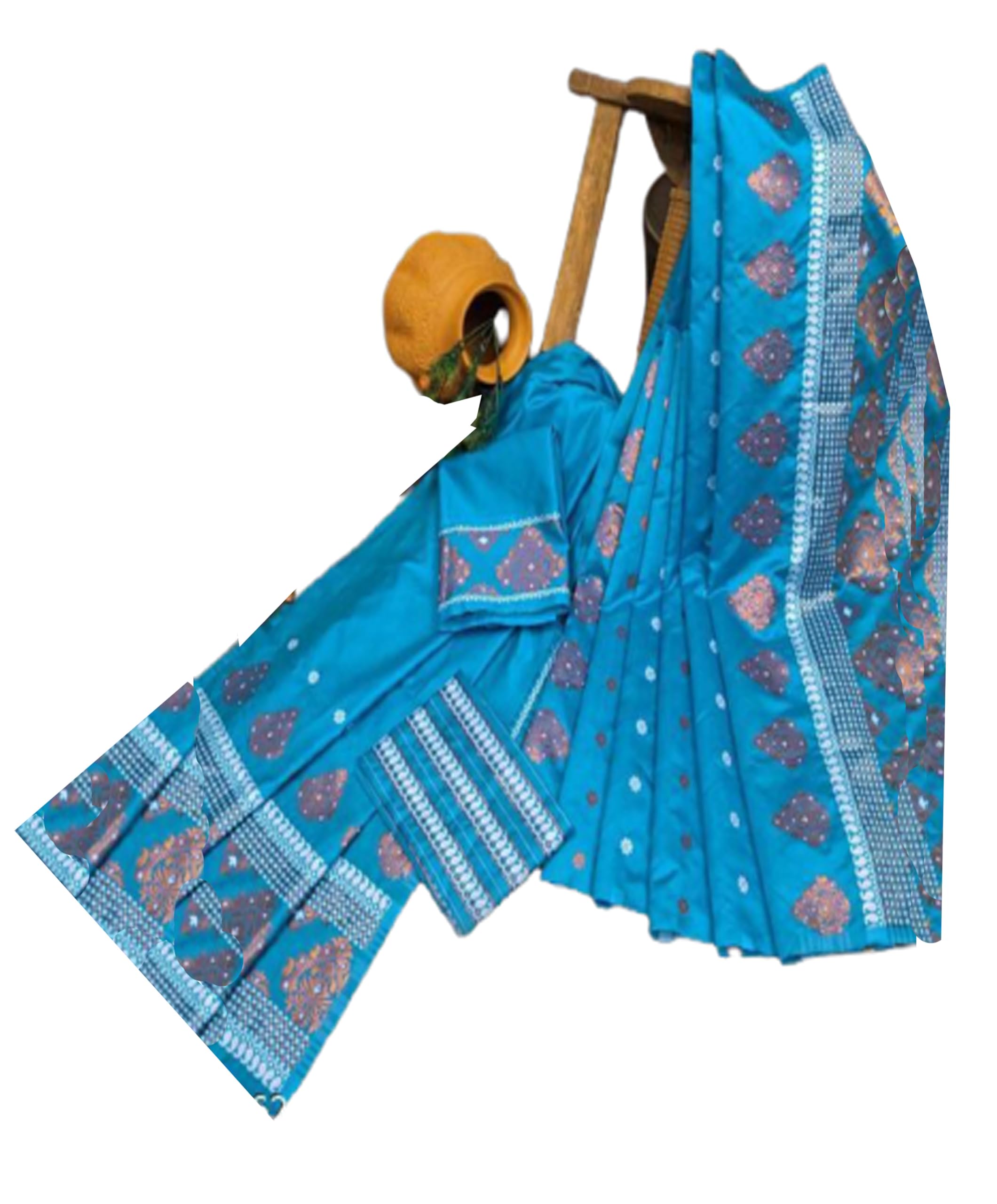 Women`s Assamese Mekhela Sador Santal Panchi Lungi Parhar Soft Silk Traditional Design- Sky Blue