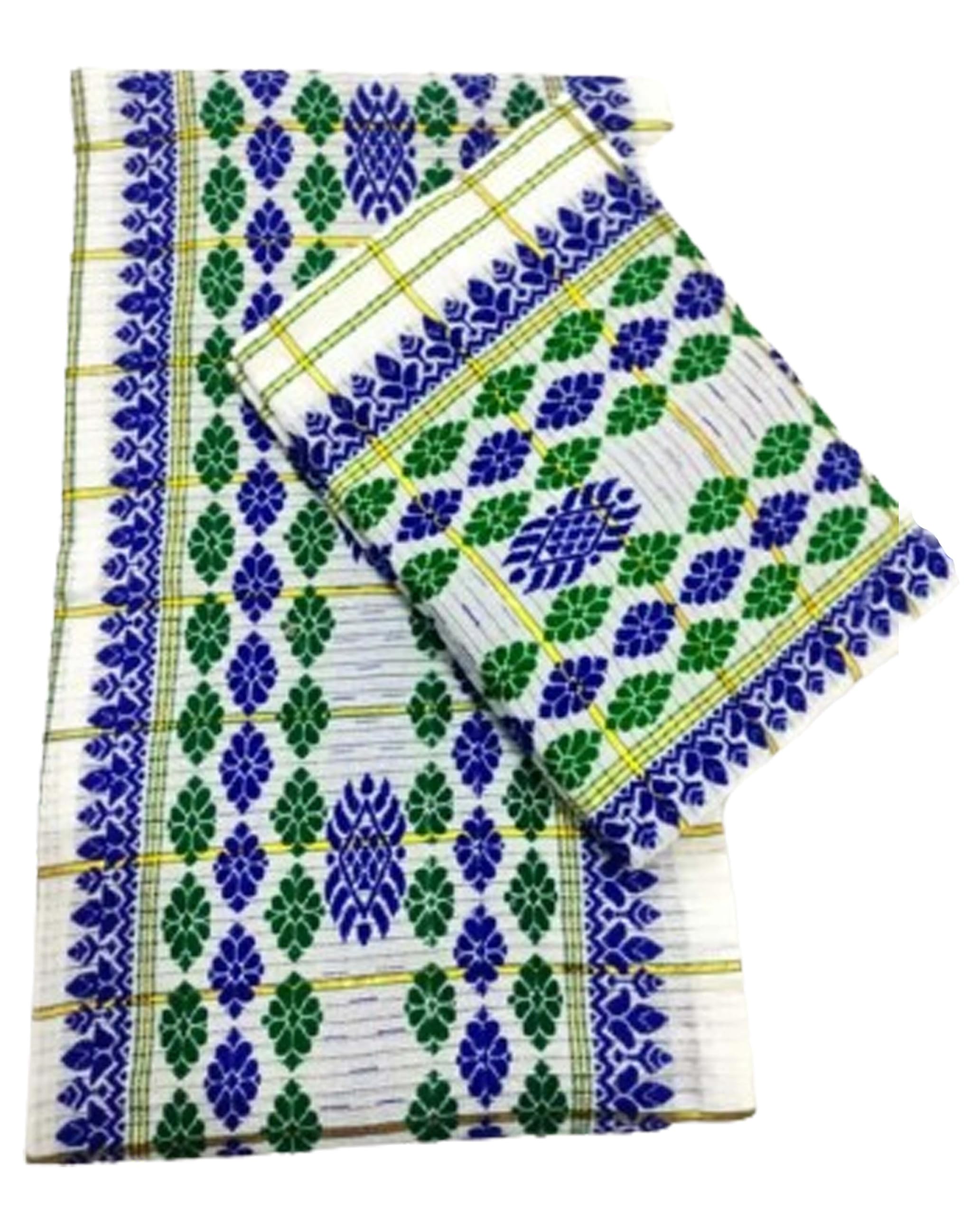 Women`s Assamese Mekhela Cotton Sadorজেটিraditional Design- Green Blue