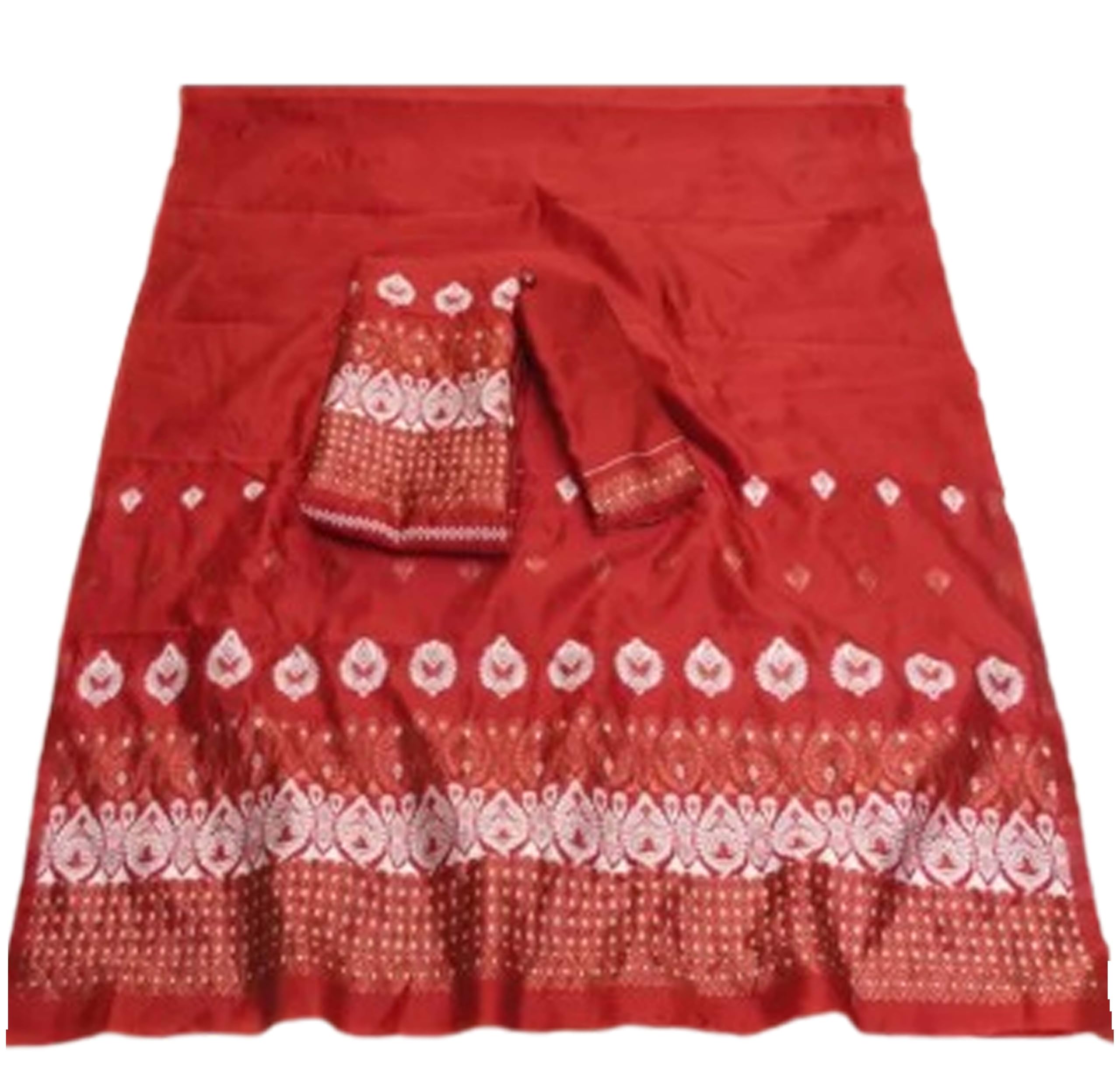 Women`s Assamese Mekhela Sador Paat Santal Panchi Lungi Parhar Fabric of Soft Silk Traditional Design- Red White Buti