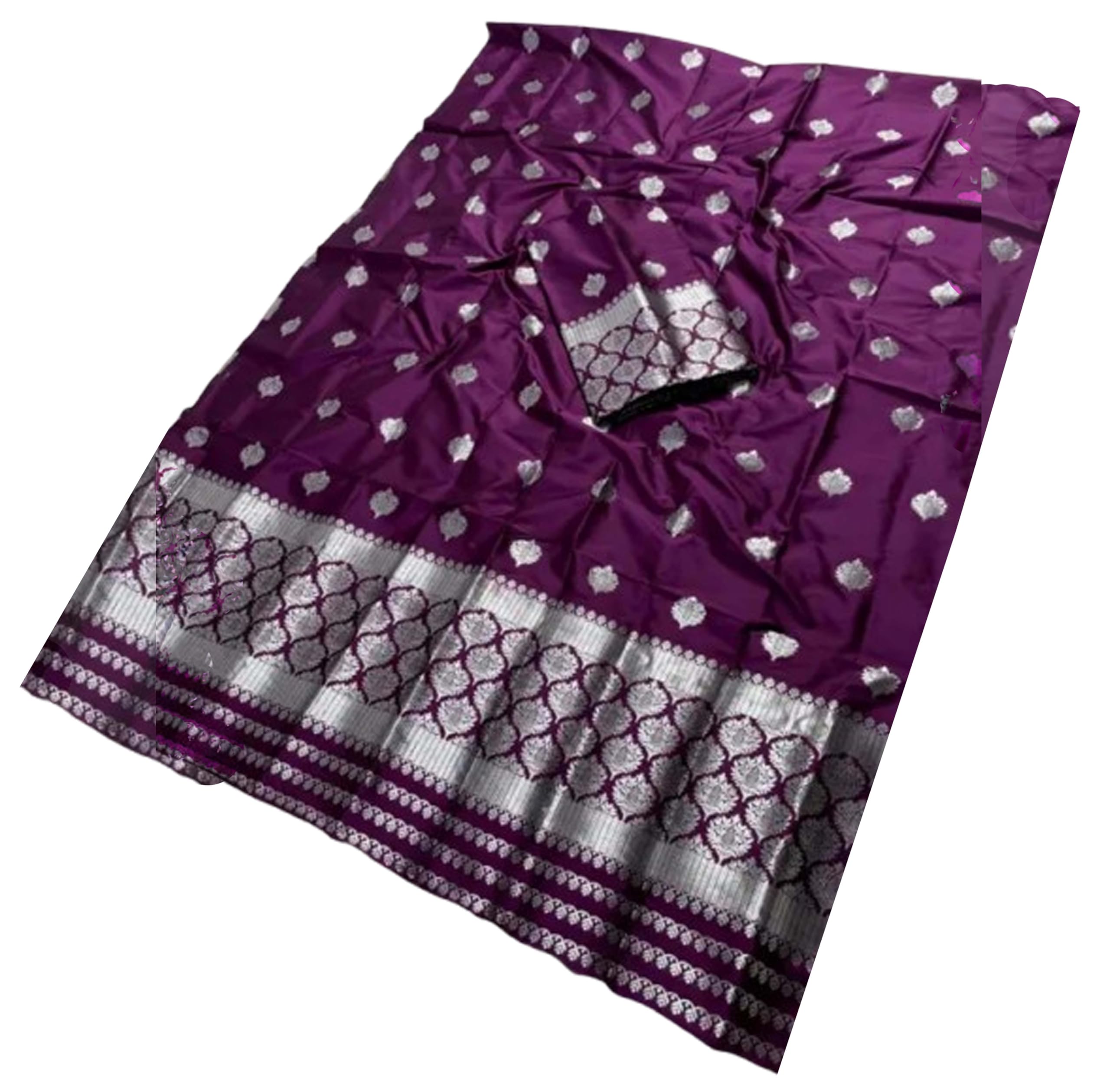 Women`s Assamese Mekhela Sador Fabric of Soft Silk Traditional Design- Wine Silver Design
