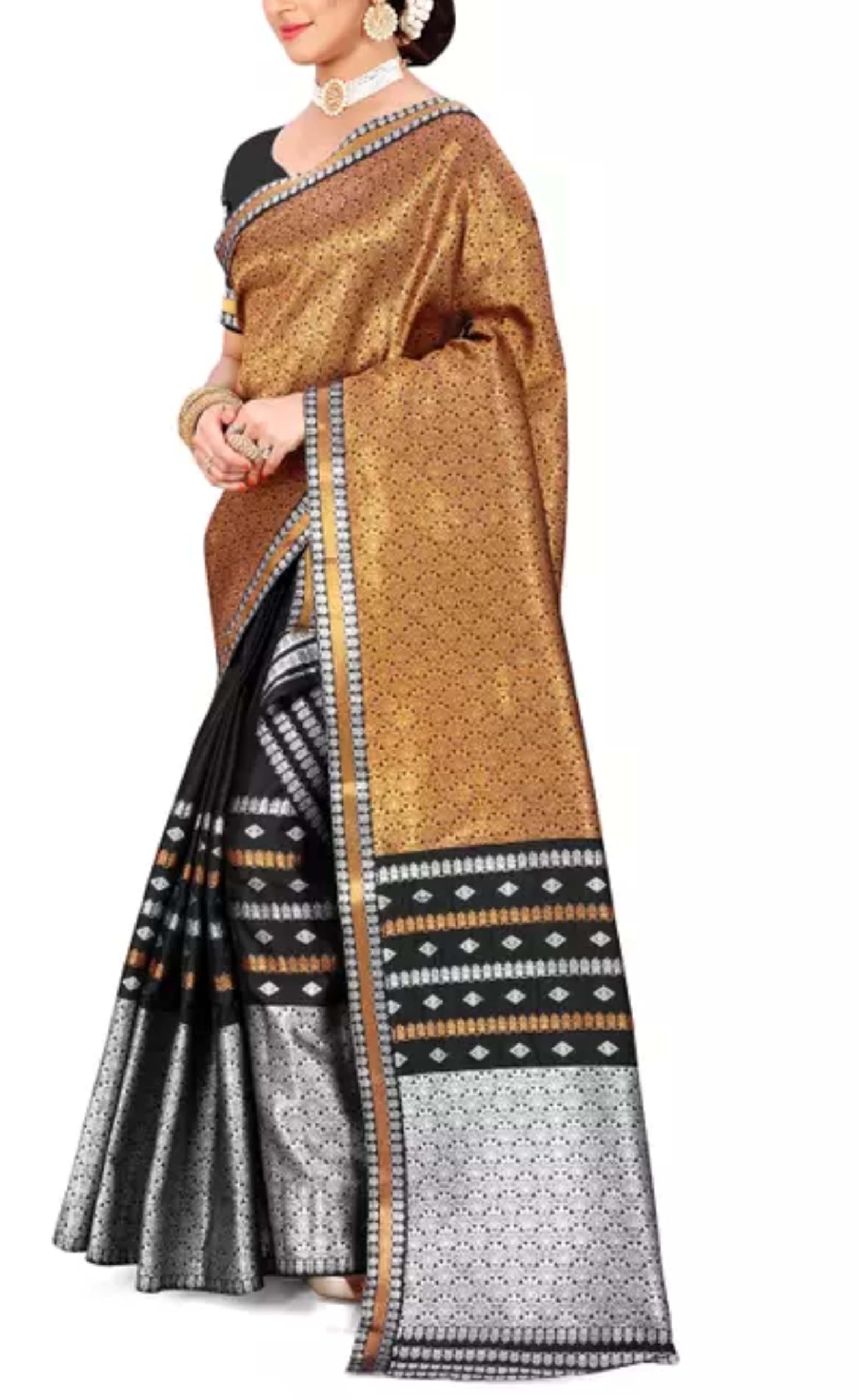 Women`s Assamese Mekhela Sador Fabric of Soft Silk Traditional Design- Gold Black