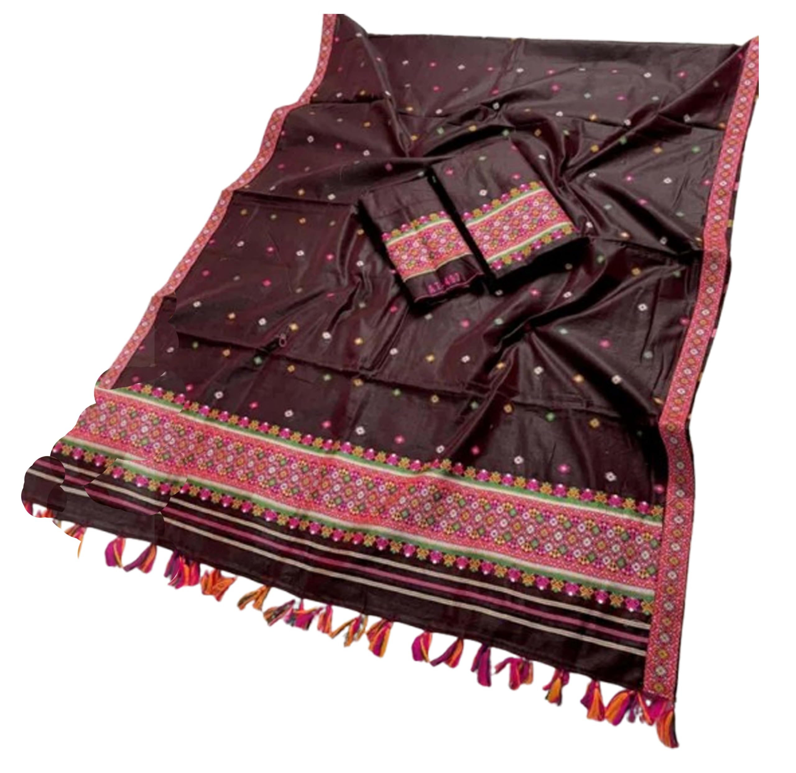 Women`s Assamese Mekhela Sador Chador Pat Traditional Design- Wine